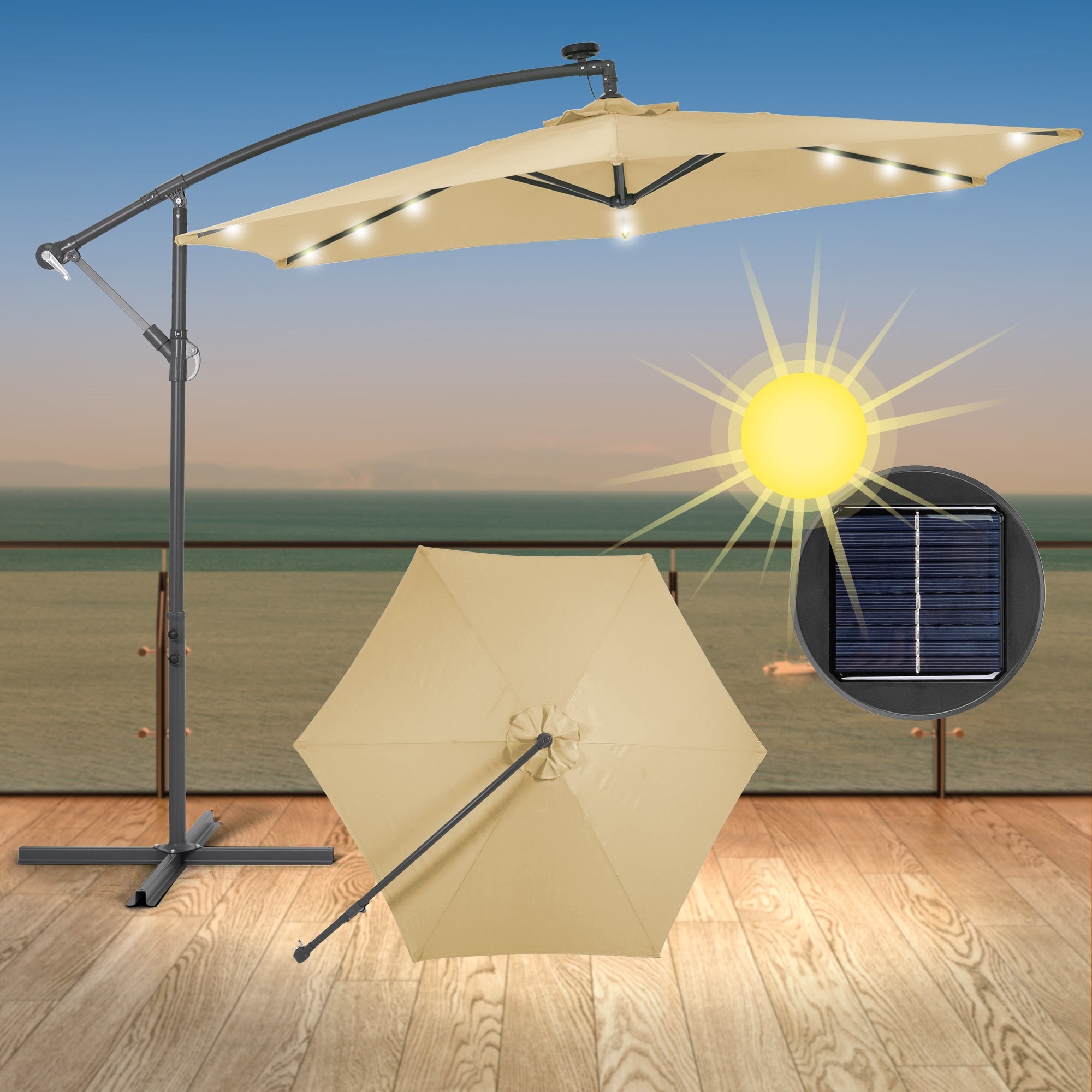 Parasoll med LED-belysning og solpanel på en terrasse.