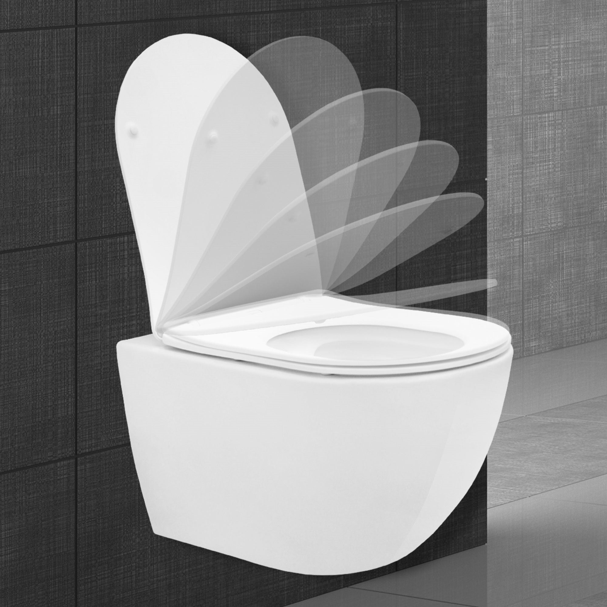 Weiße Toilette mit einem Deckel, der in mehreren Positionen geöffnet werden kann.