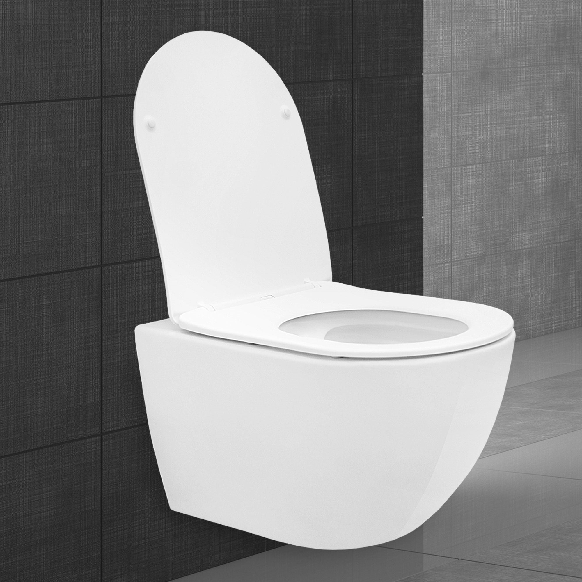 Wand-Hänge-WC mit geschlossenem Deckel an einer dunklen Wand.