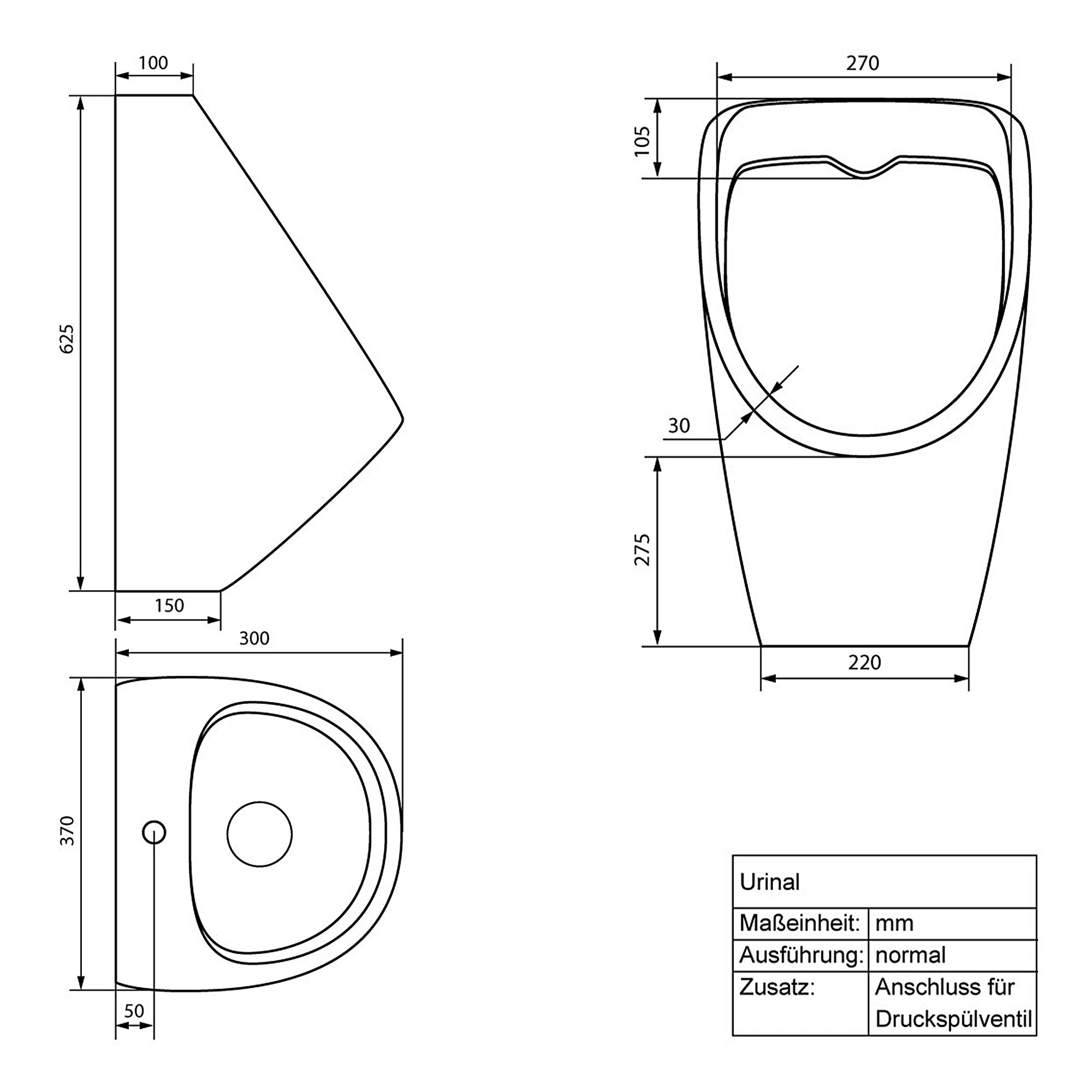 Technical drawing of a urinal with dimensions.