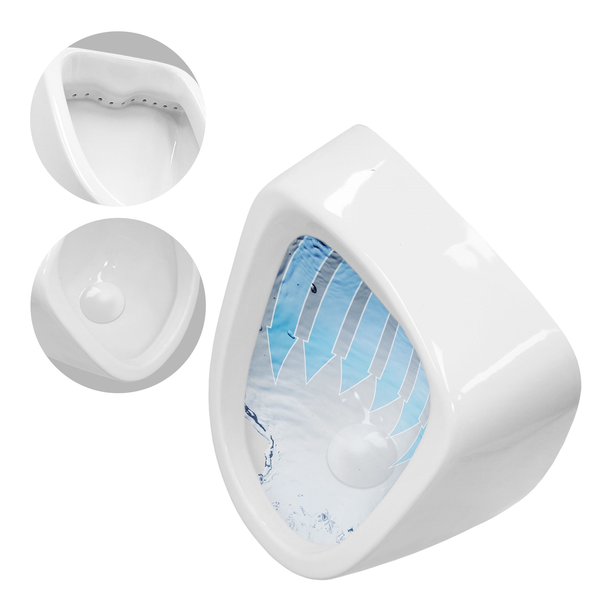 Close-up of a white urinal with water flow and interior view.