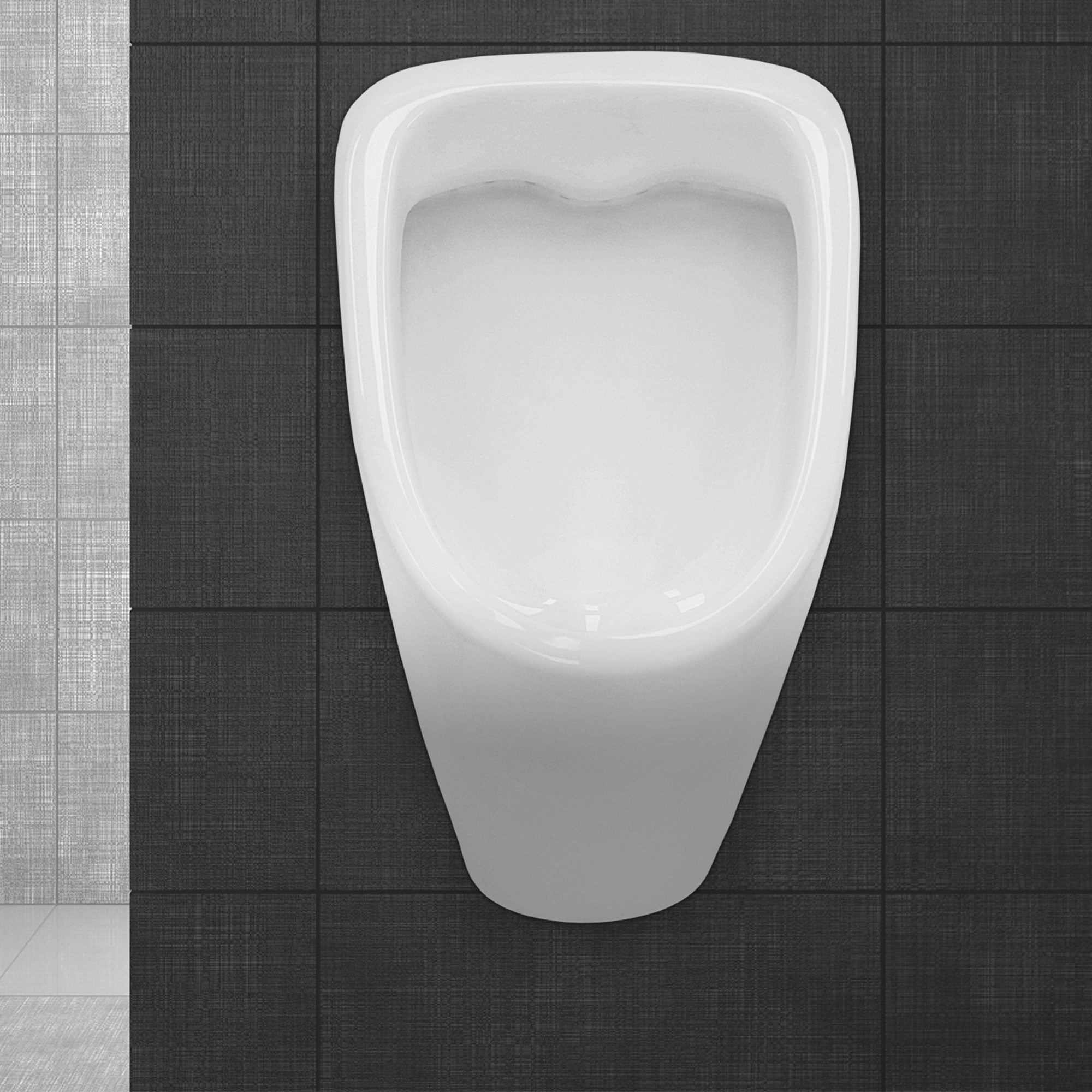 White urinal on a dark wall.