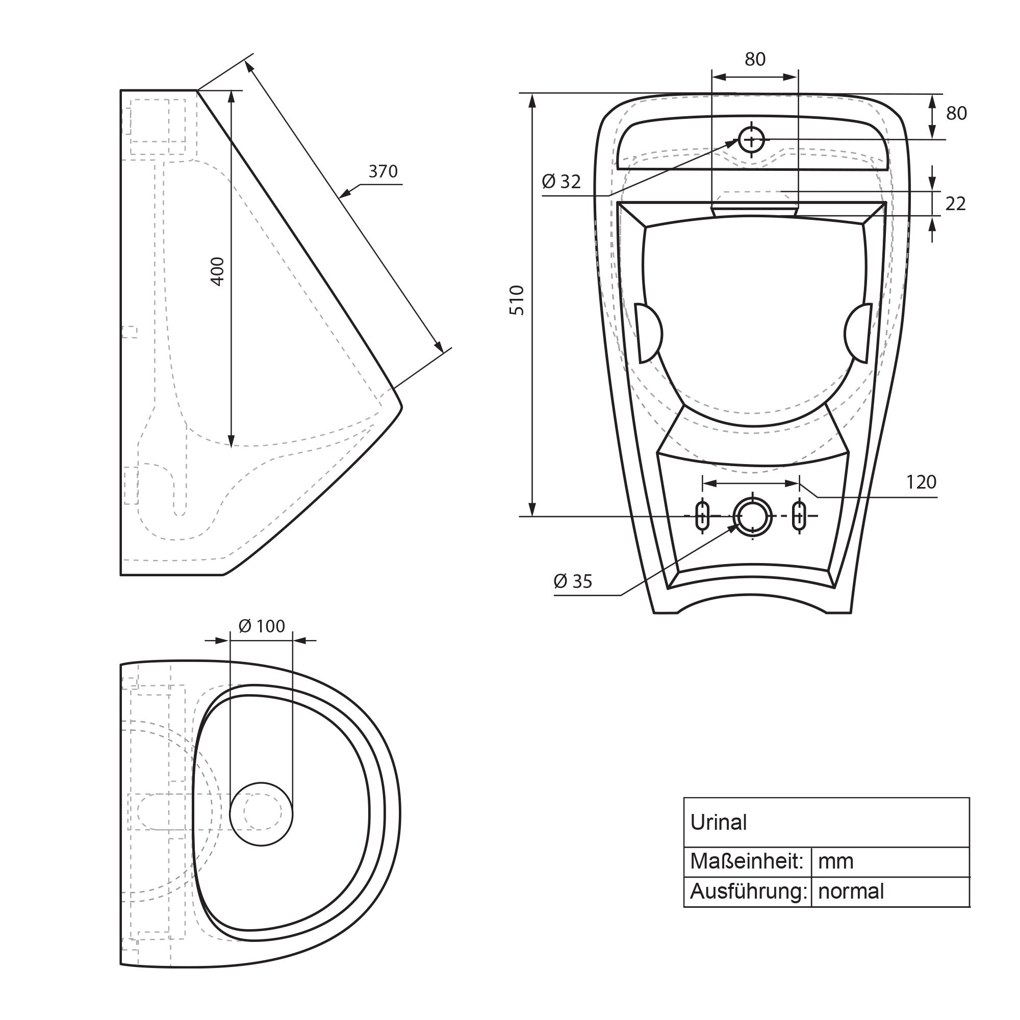 Technical drawing of a urinal with dimensions in millimeters.