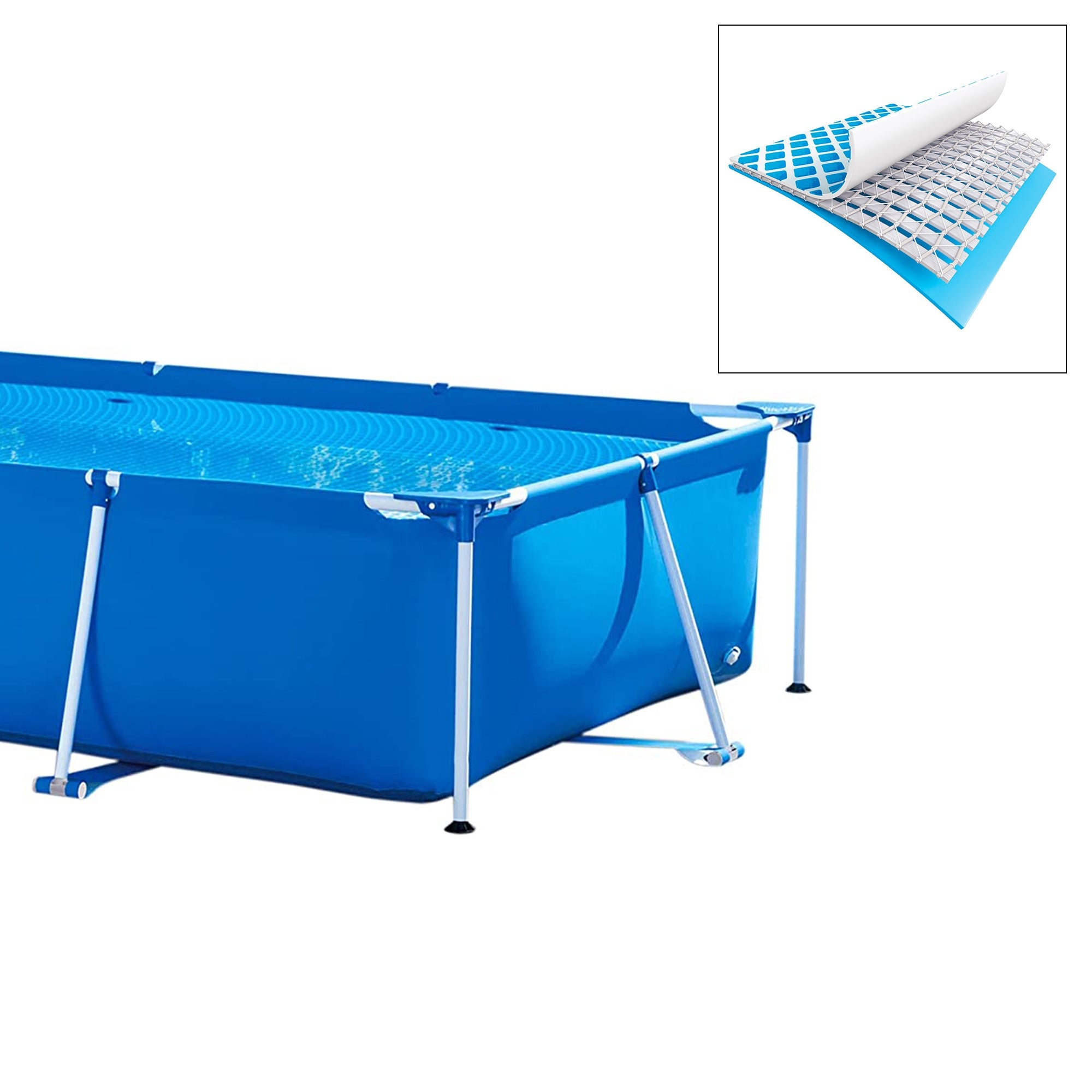 Ein aufgestellter, blauer Pool mit einem weißen Abdecknetz.