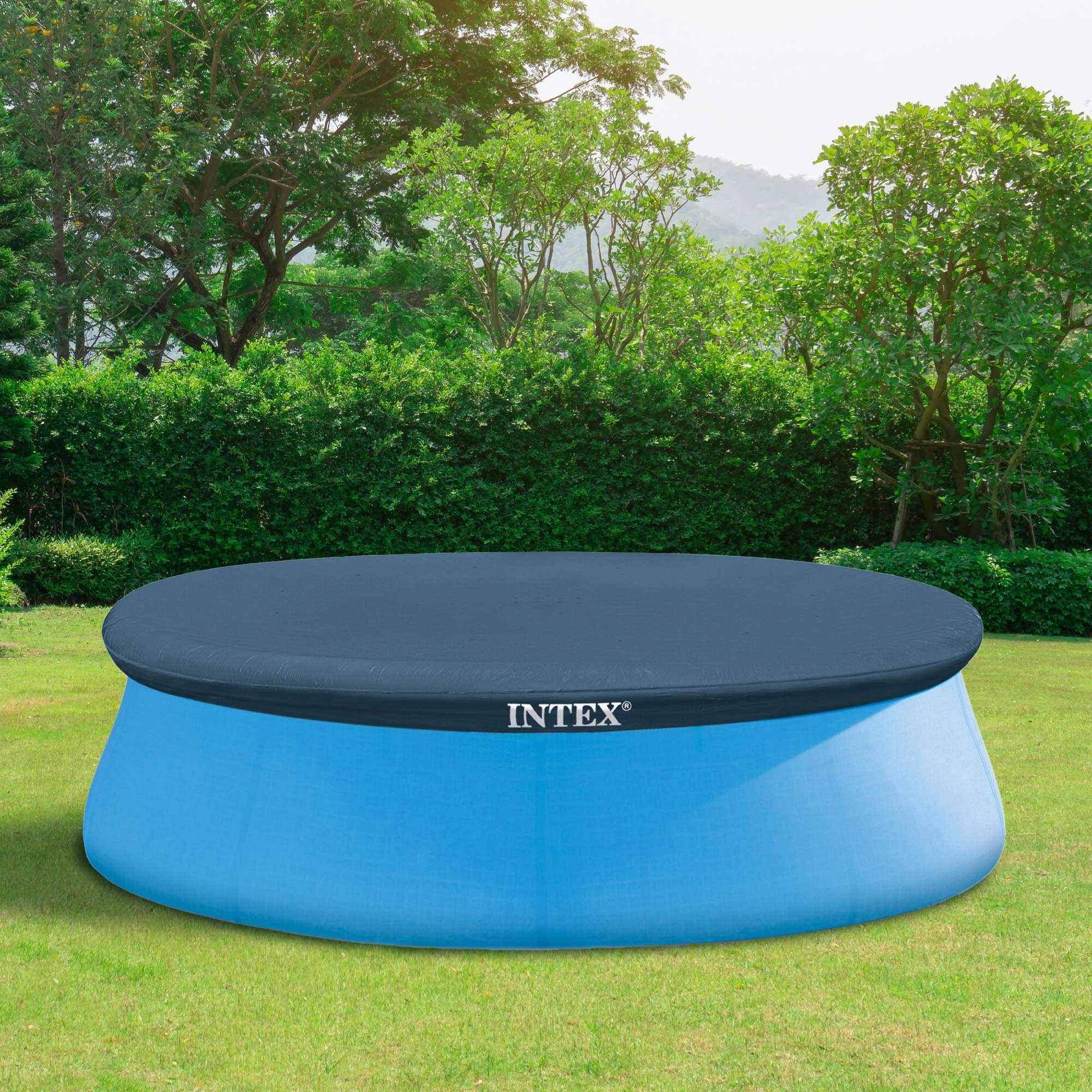 Runder, blauer Pool mit schwarzem Deckel in einem Garten.