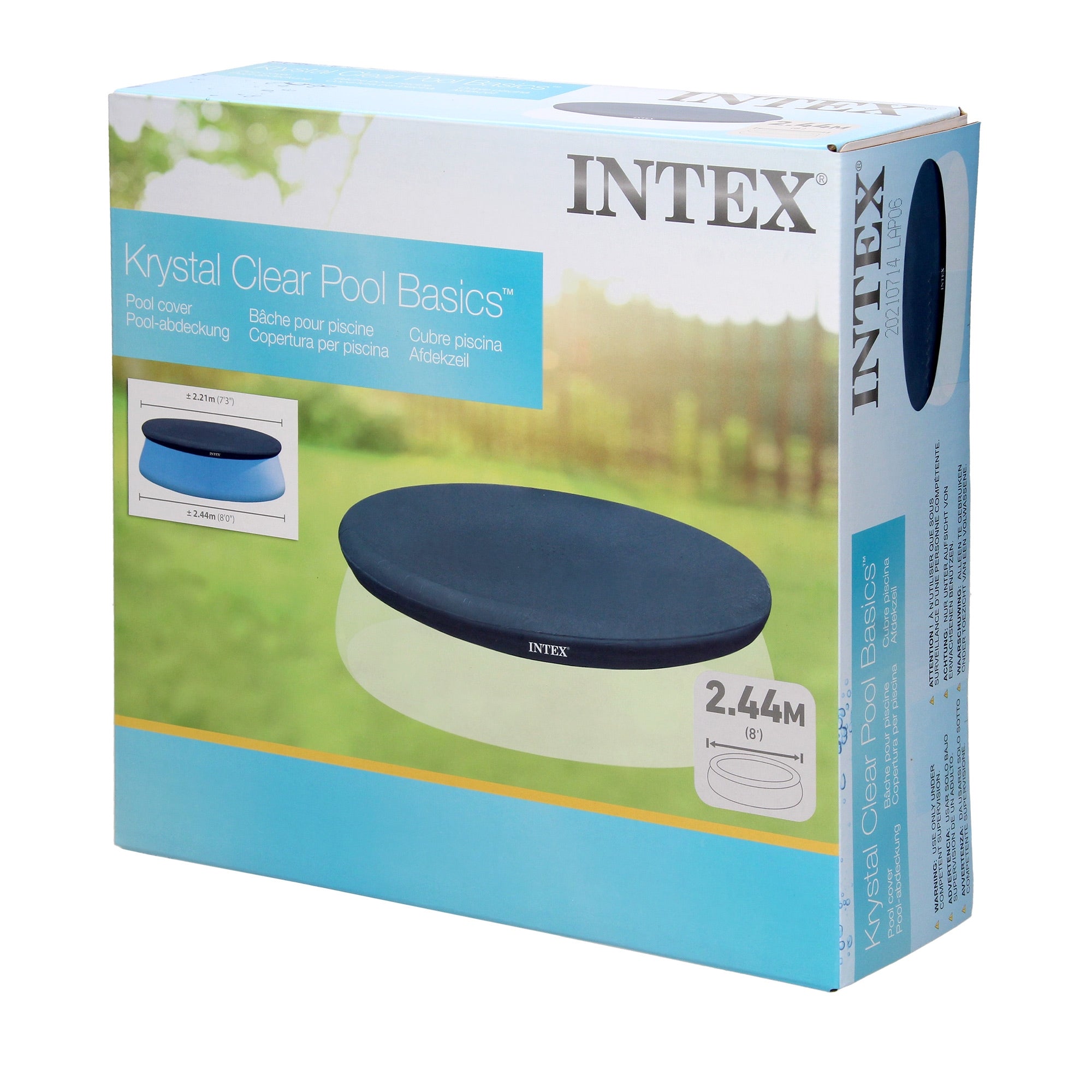 Verpackung eines Poolabdeckungsprodukts mit der Bezeichnung 'Krystal Clear Pool Basics'.