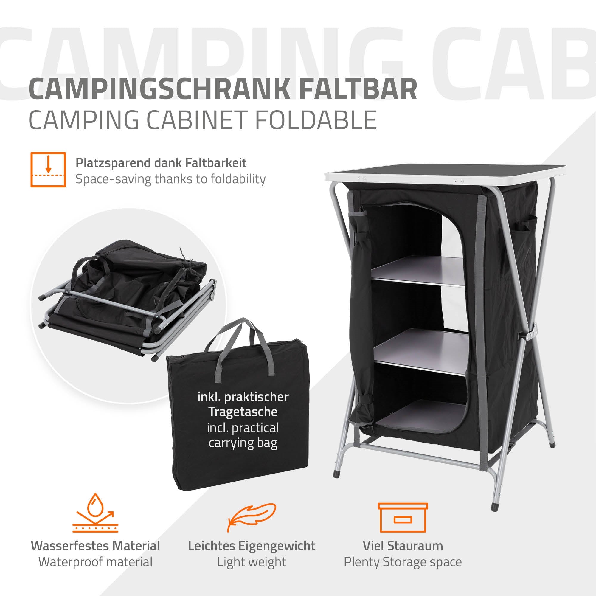Foldbar campingkasse med tre hylder og bæretaske.