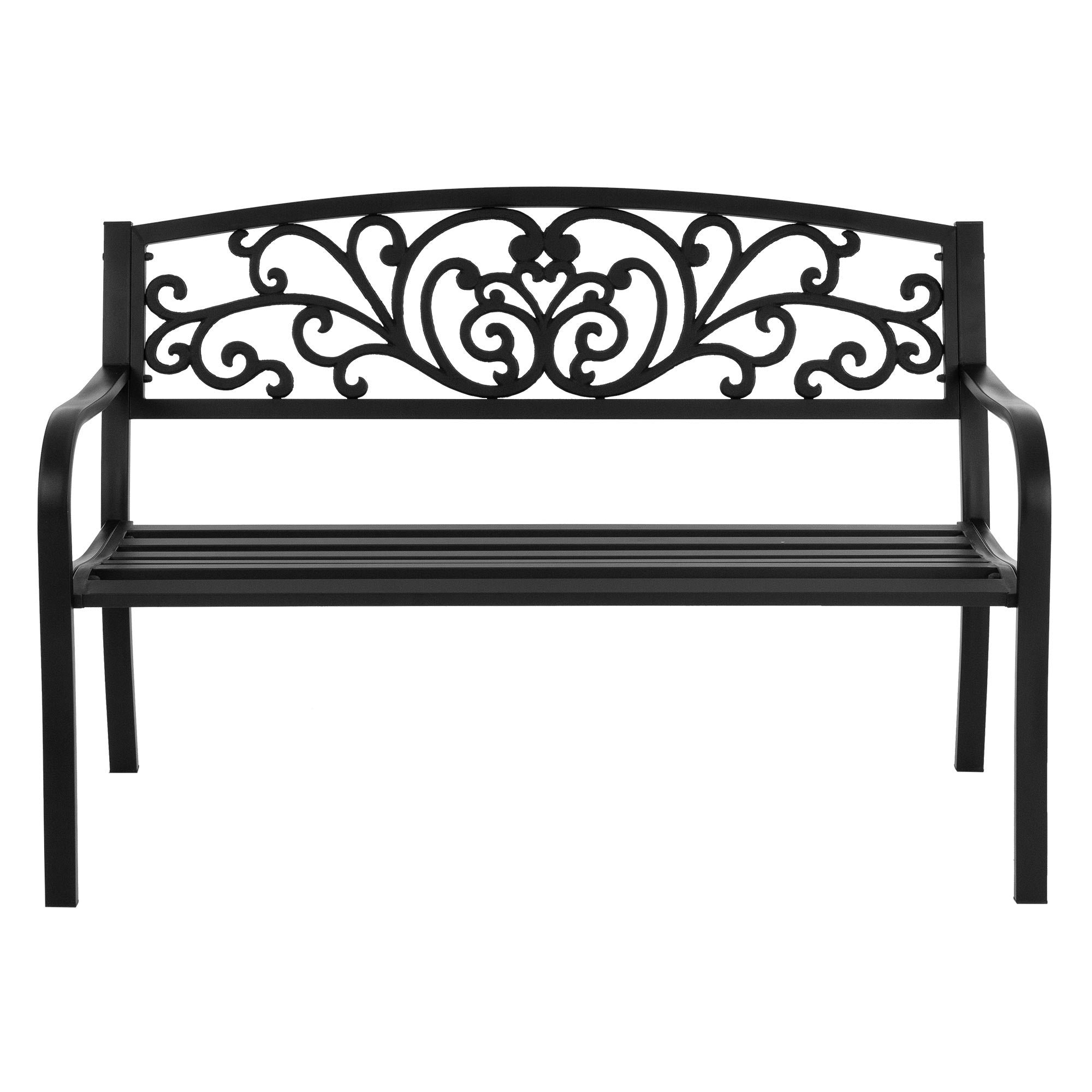 A black bench with curved design and backrest.