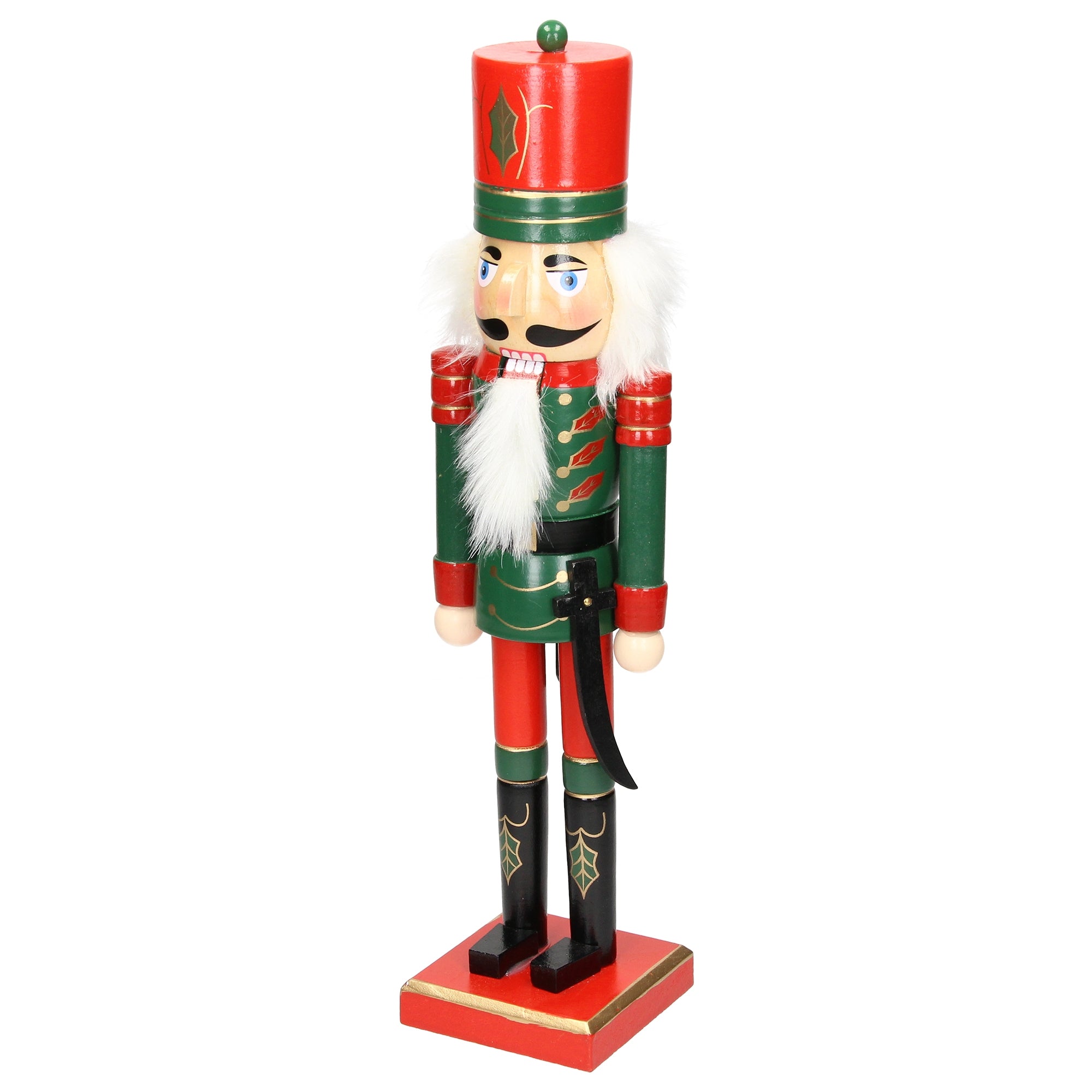 Nutcracker in red and green with a sword in hand.