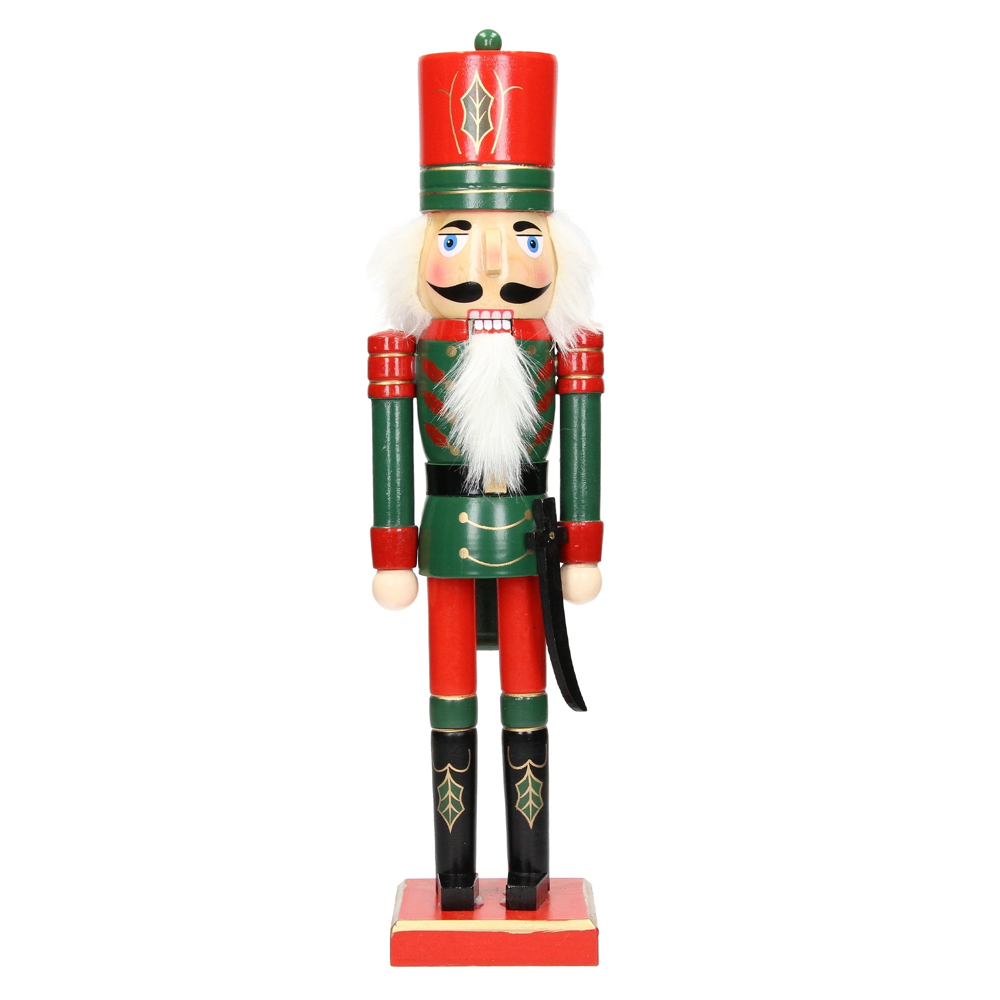 A wooden nutcracker with a red hat and green suit.