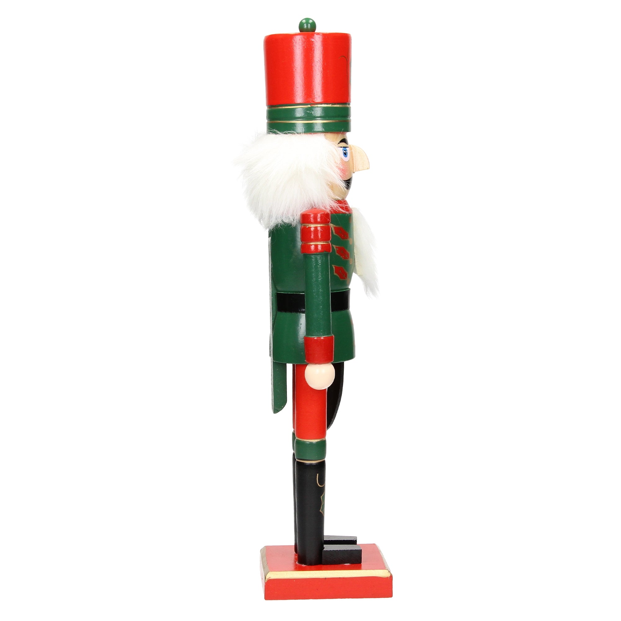 Side view of a nutcracker in red and green.