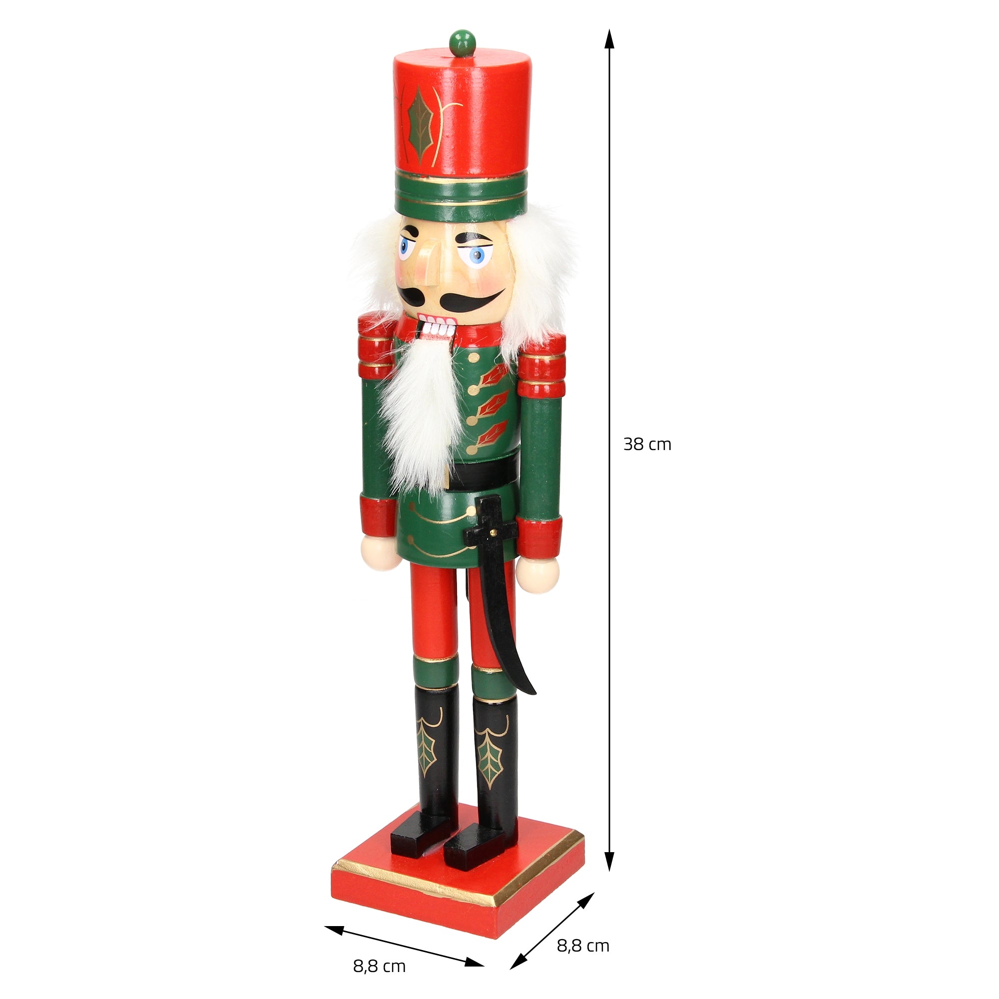 Nutcracker in a green and red suit, with measurements, on a pedestal.