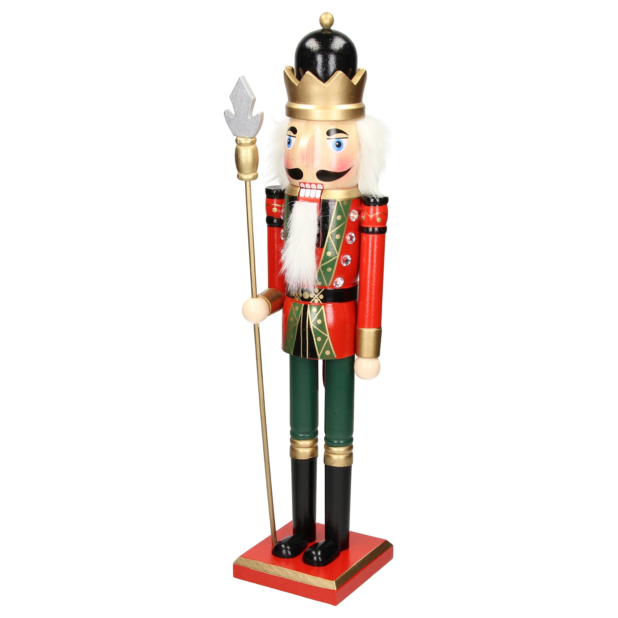 Nutcracker in red and green with crown and spear.