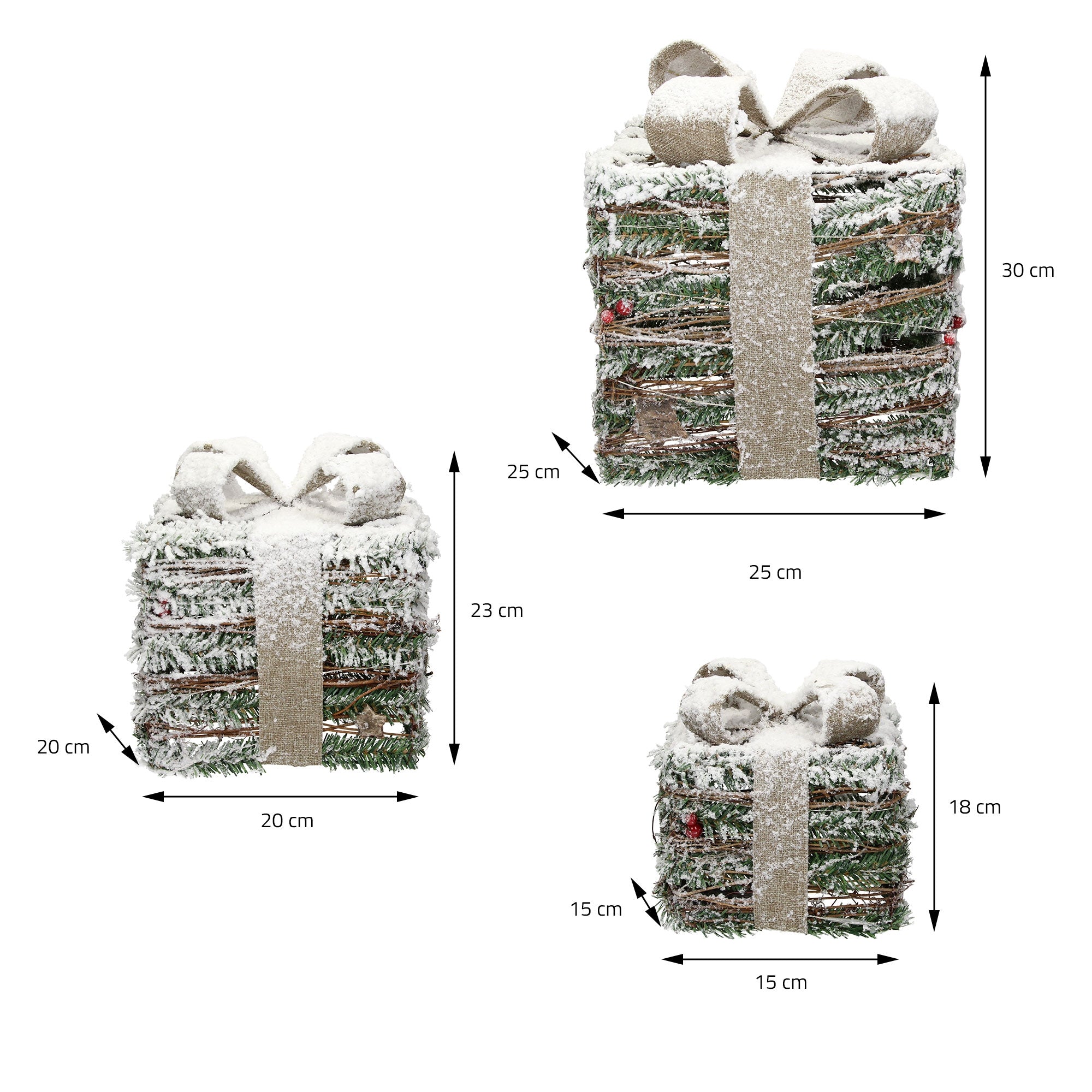 Drei Geschenke in verschiedenen Größen, dekoriert mit Schleifen und Schnee.