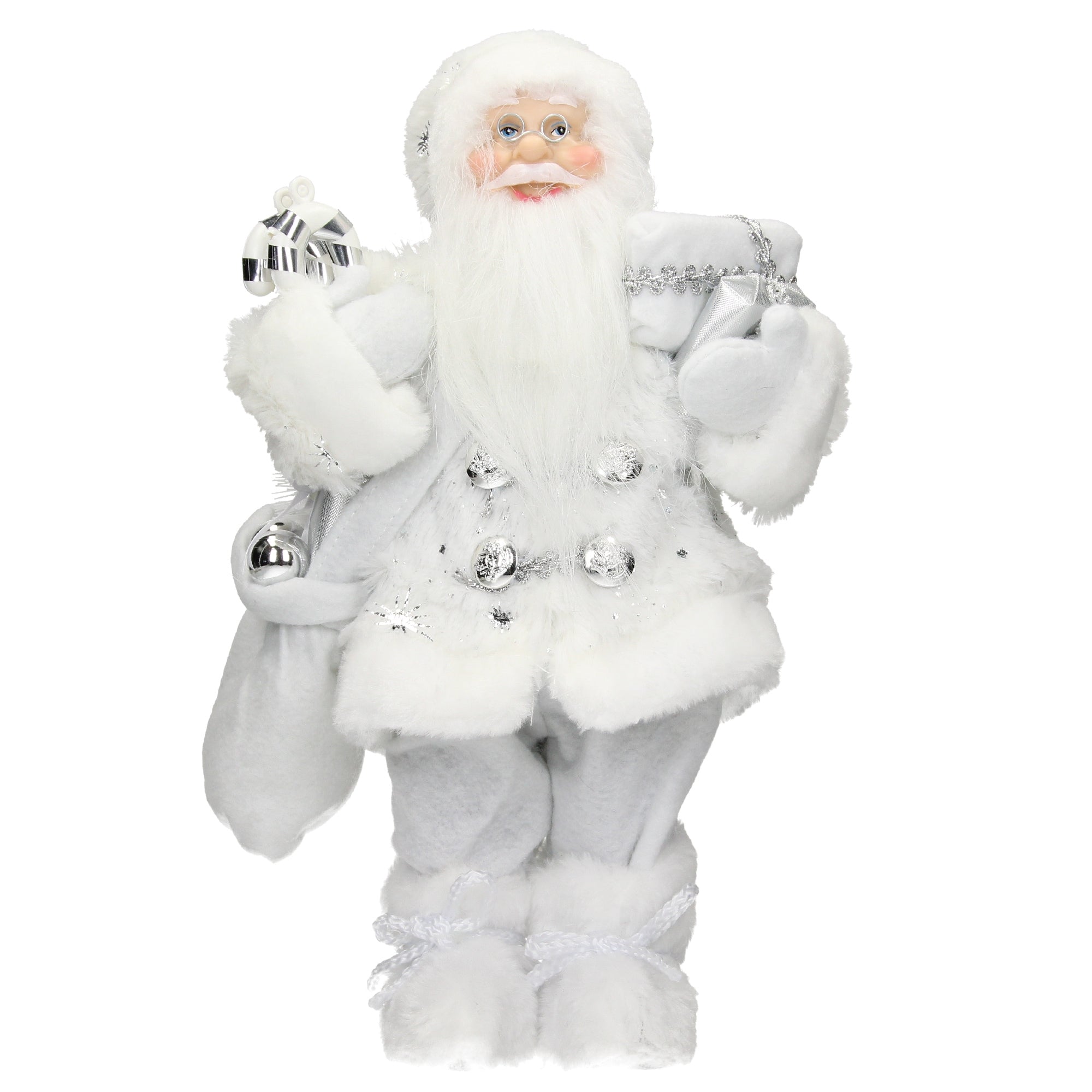 Weihnachtsmann in weißem Anzug mit Geschenken und einem Sack.