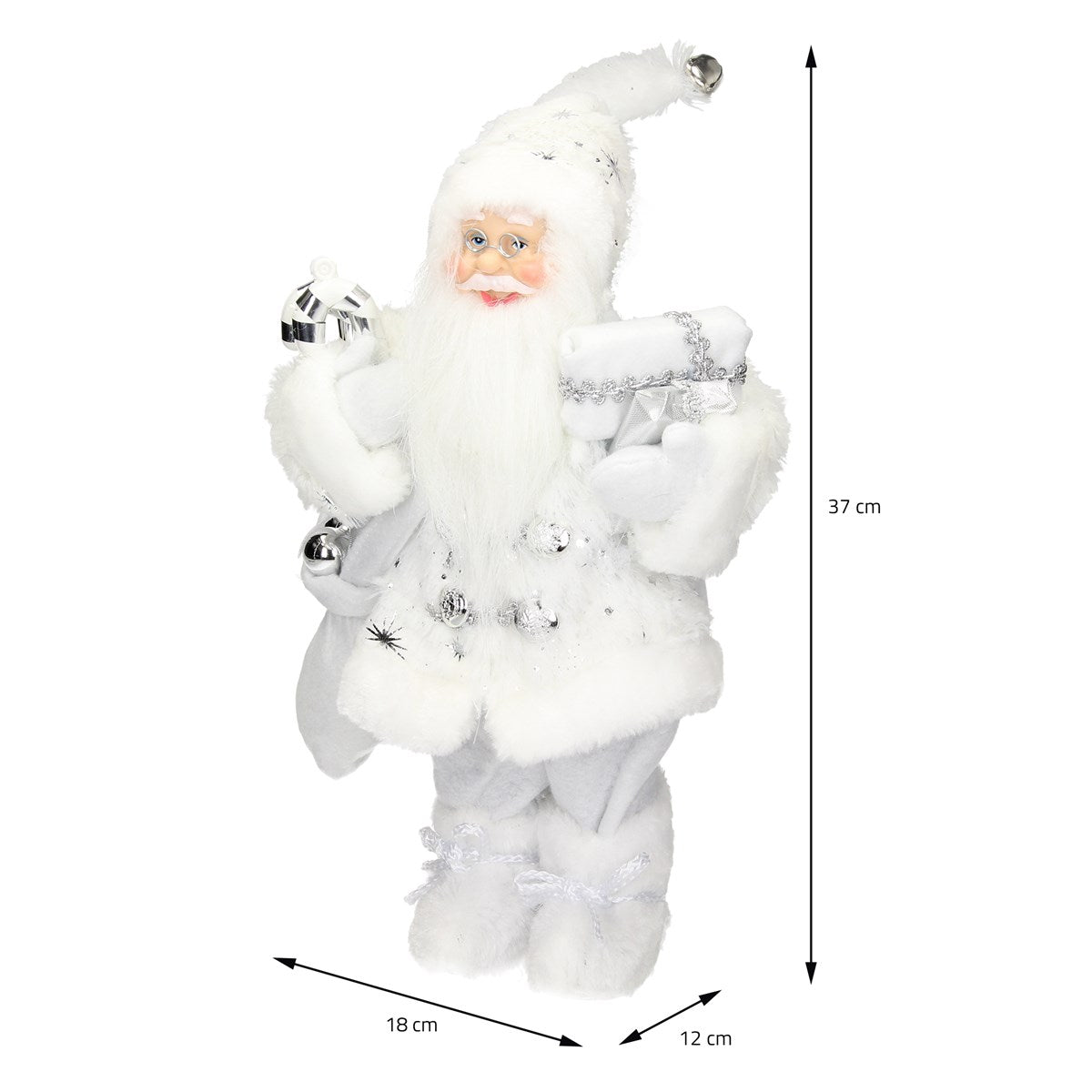 Um Pai Natal com presentes, altura 37 cm, largura 18 cm, profundidade 12 cm.