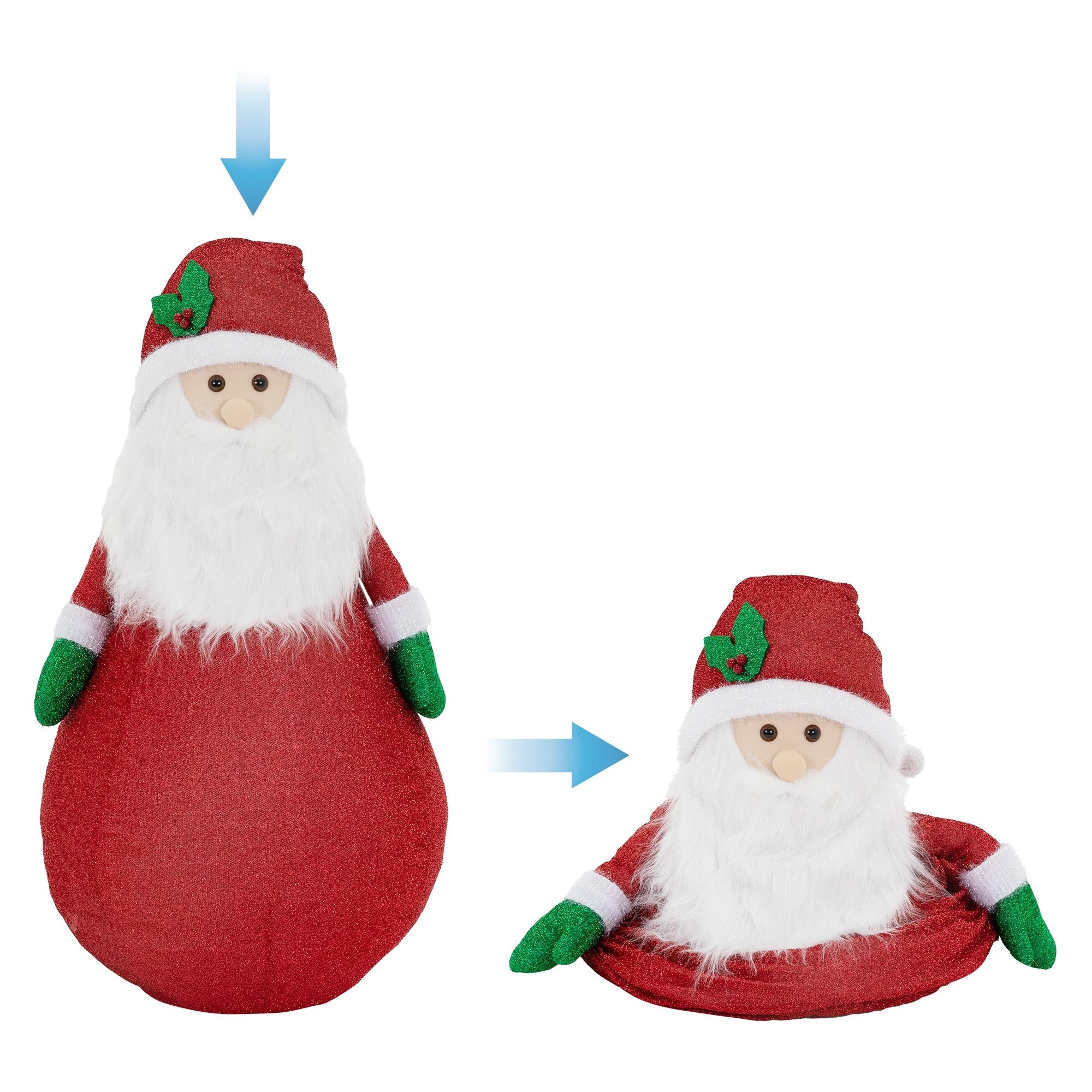 Due Babbo Natale, uno in piedi e l'altro seduto, entrambi con cappelli rossi.
