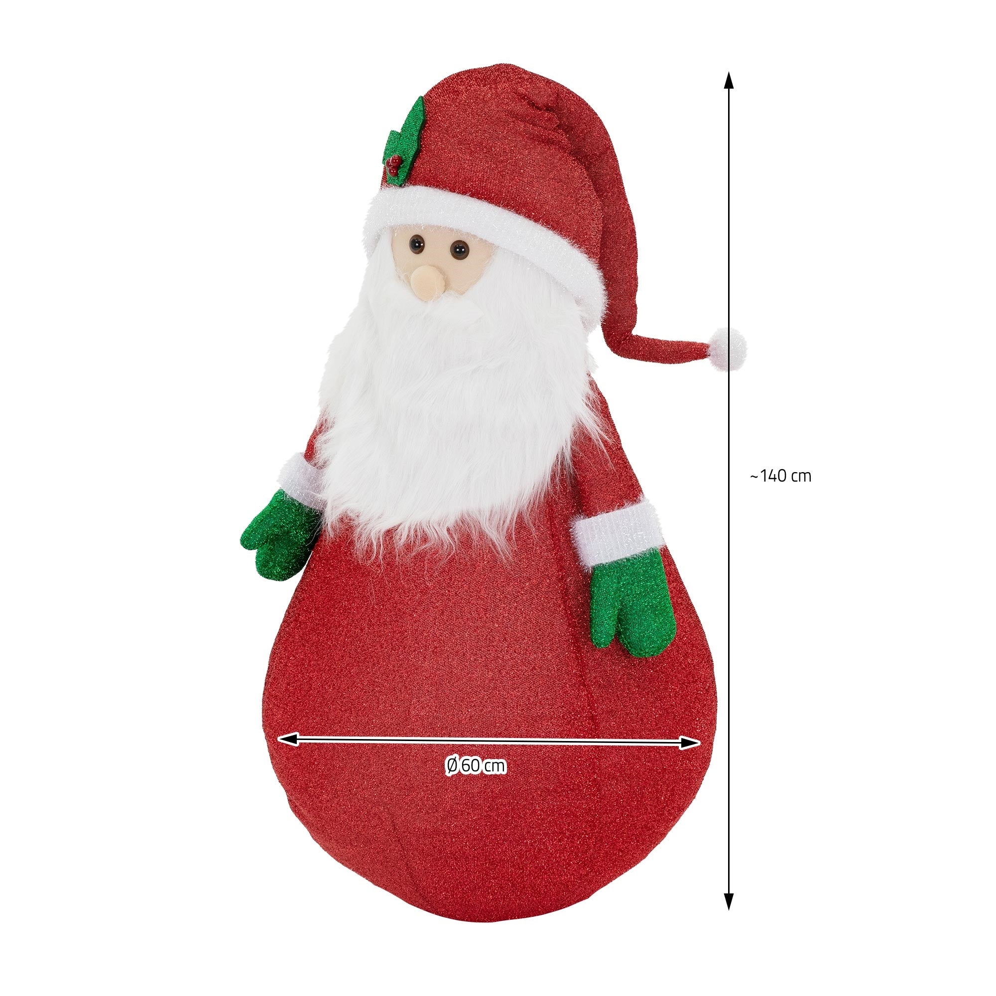 Babbo Natale di peluche in abito rosso con barba bianca, le misure sono indicate.