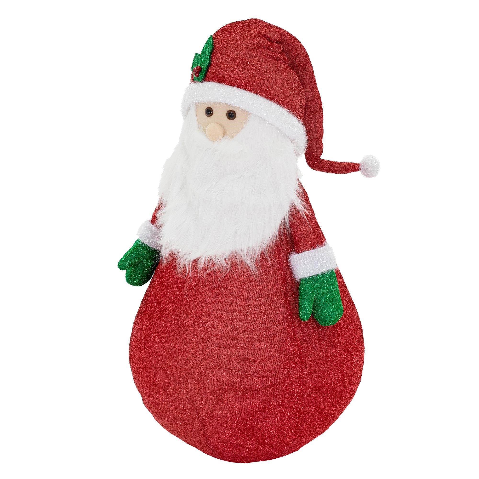 Un Babbo Natale in abito rosso con guanti verdi e barba bianca.