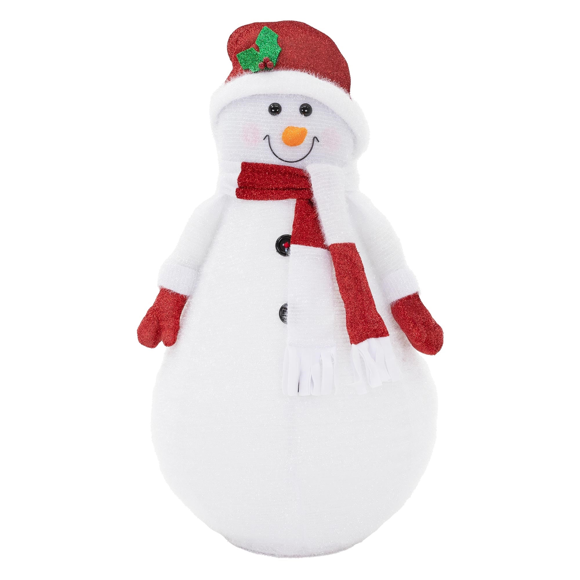 Ein Schneemann mit rotem Hut, Schal und Knöpfen, lächelt freundlich.
