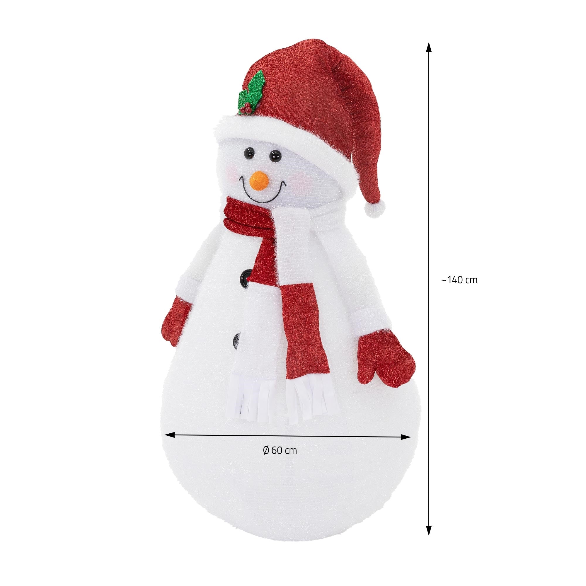 Ein Schneemann mit rotem Hut und Schal, Höhe ca. 140 cm, Durchmesser ca. 60 cm.