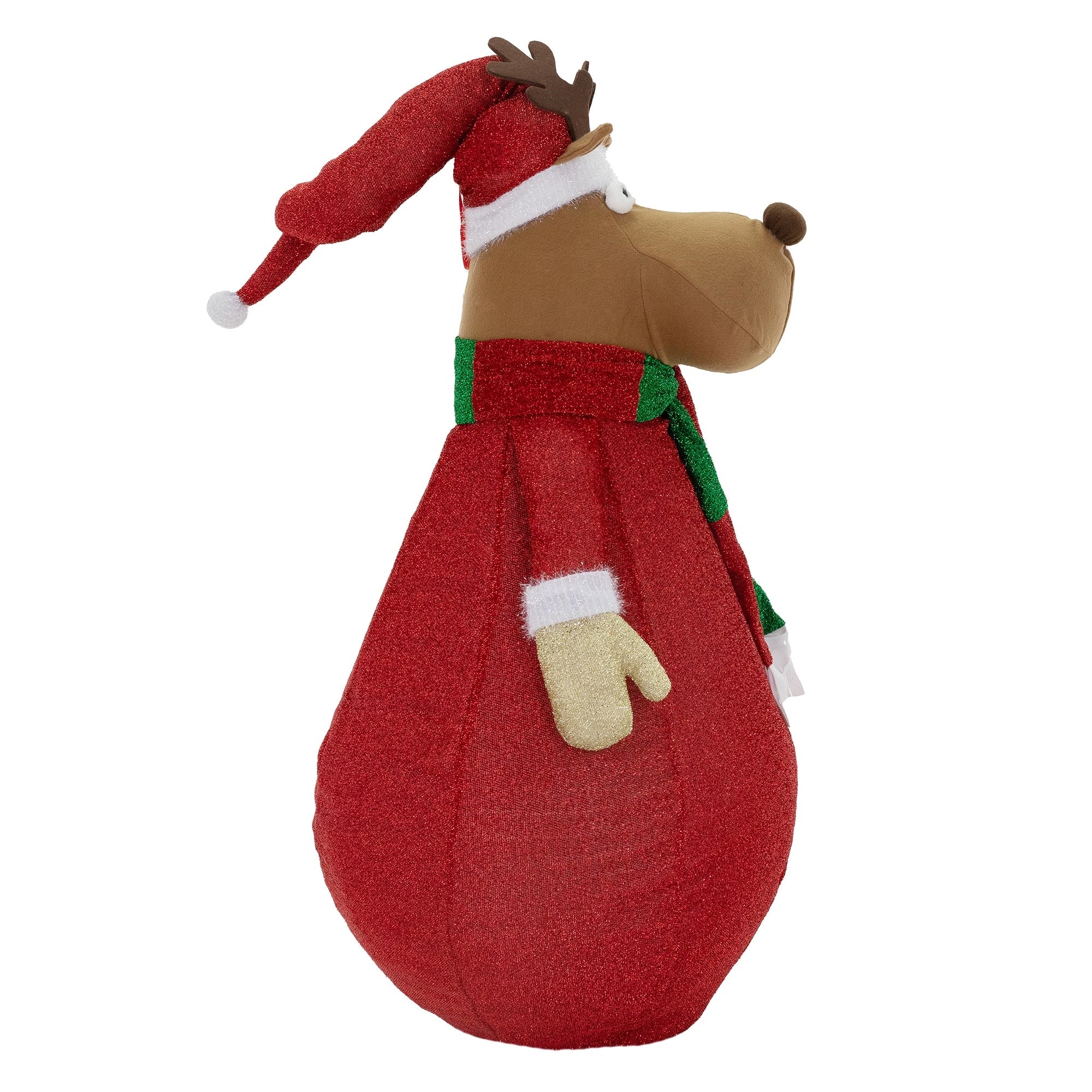 Seitenansicht eines beleuchteten Rentiers in Weihnachtskleidung.