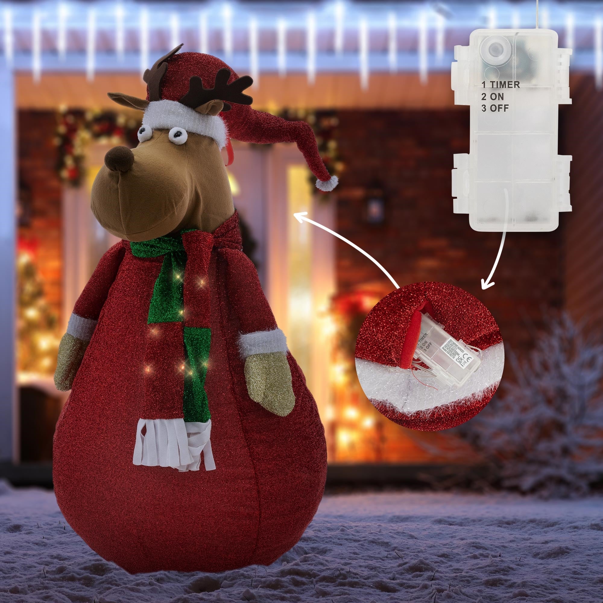 Weihnachtsmann-Plüschfigur mit einem Timer und einem Schalter auf der Rückseite.