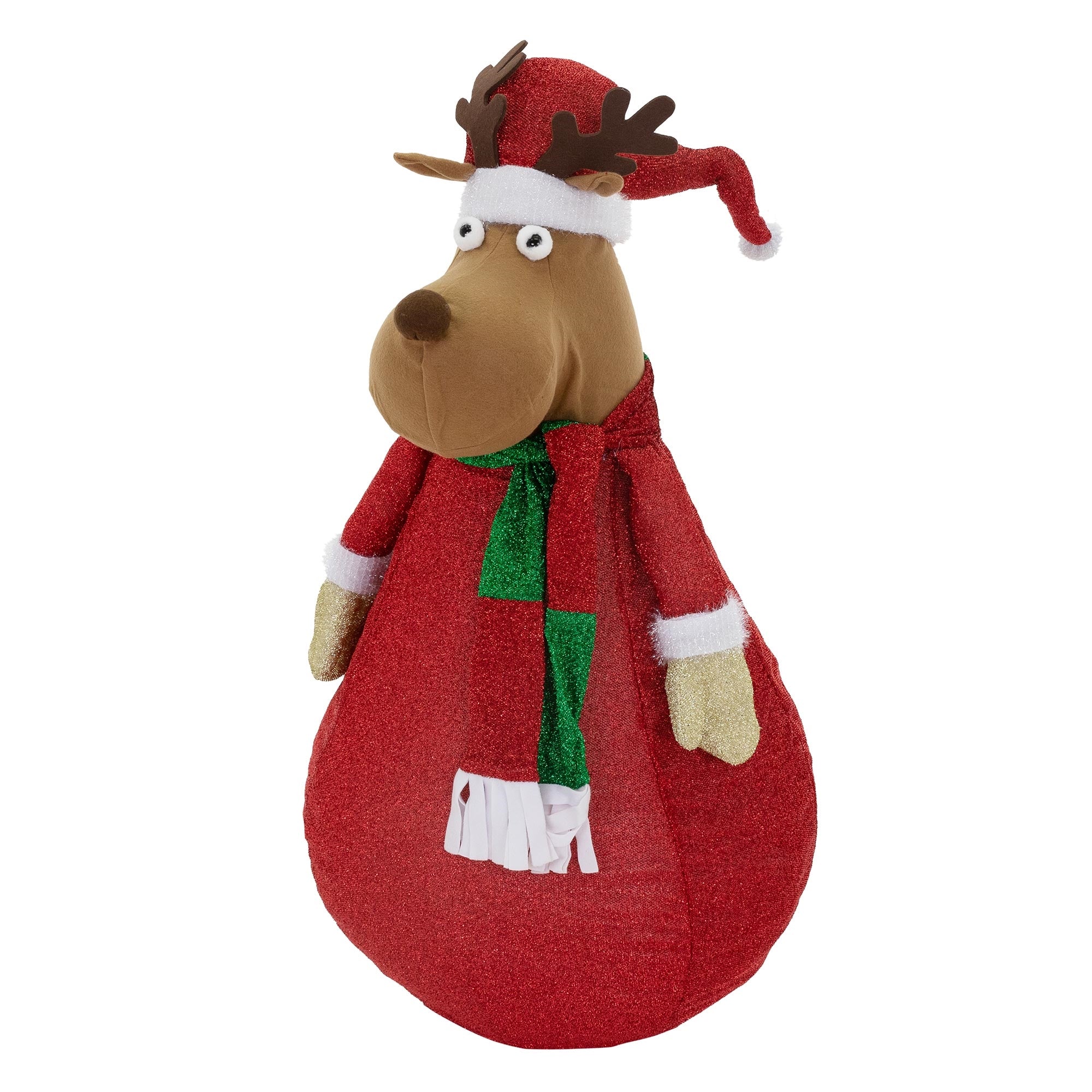 Plüschrentier mit rotem Schal und Weihnachtsmütze.