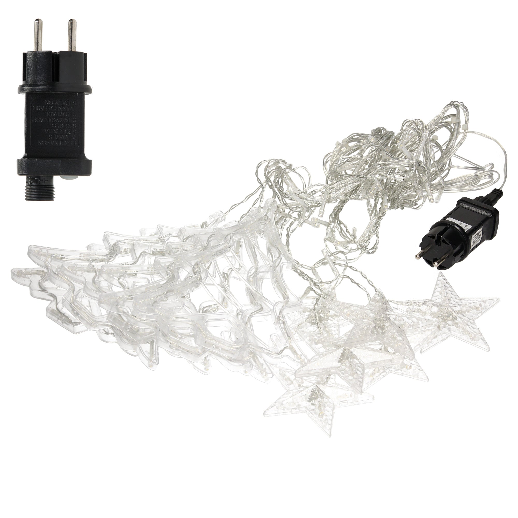 Lichterkette mit transparenten Sternen und Stecker.