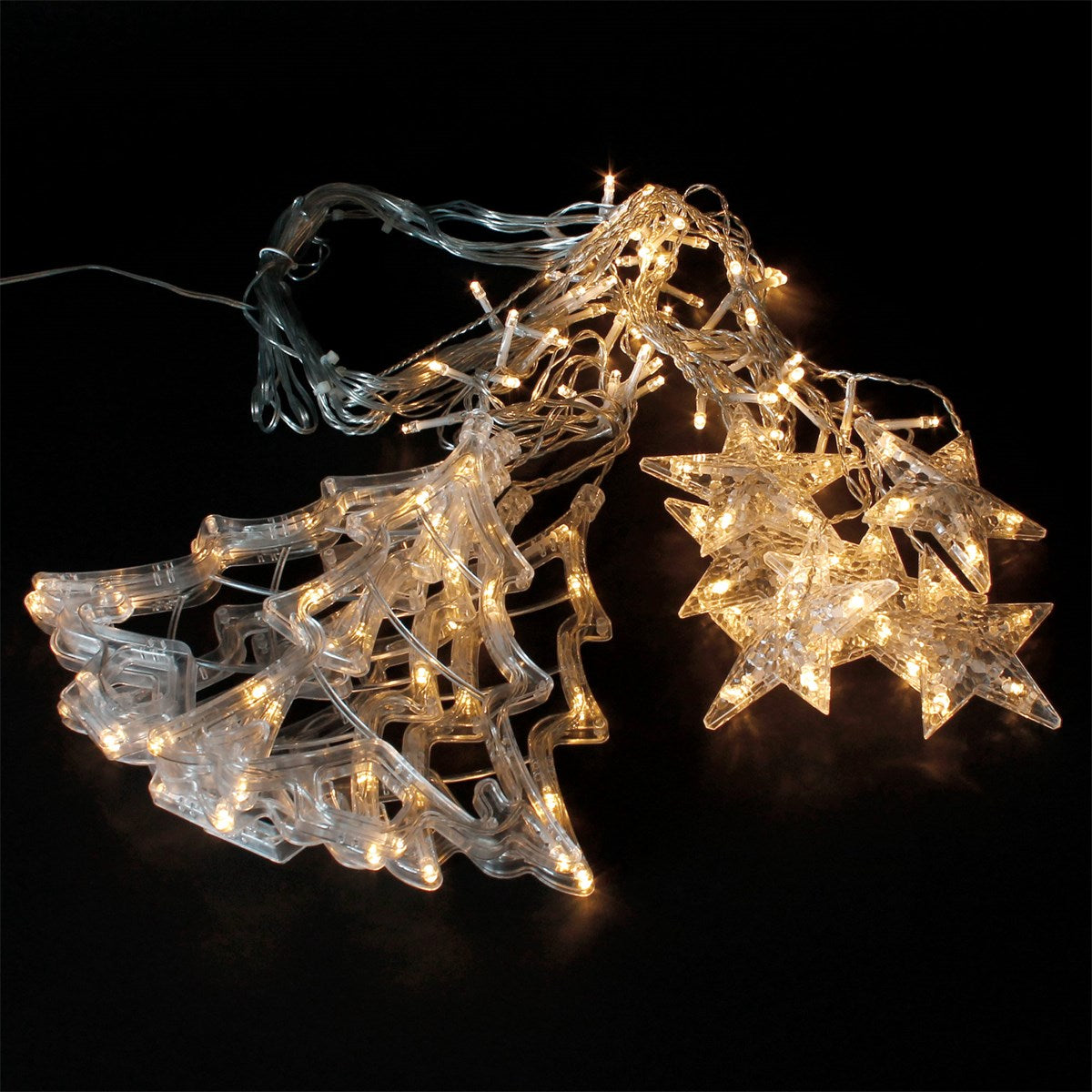 Transparente Lichterkette mit leuchtenden Sternen und Bäumen.