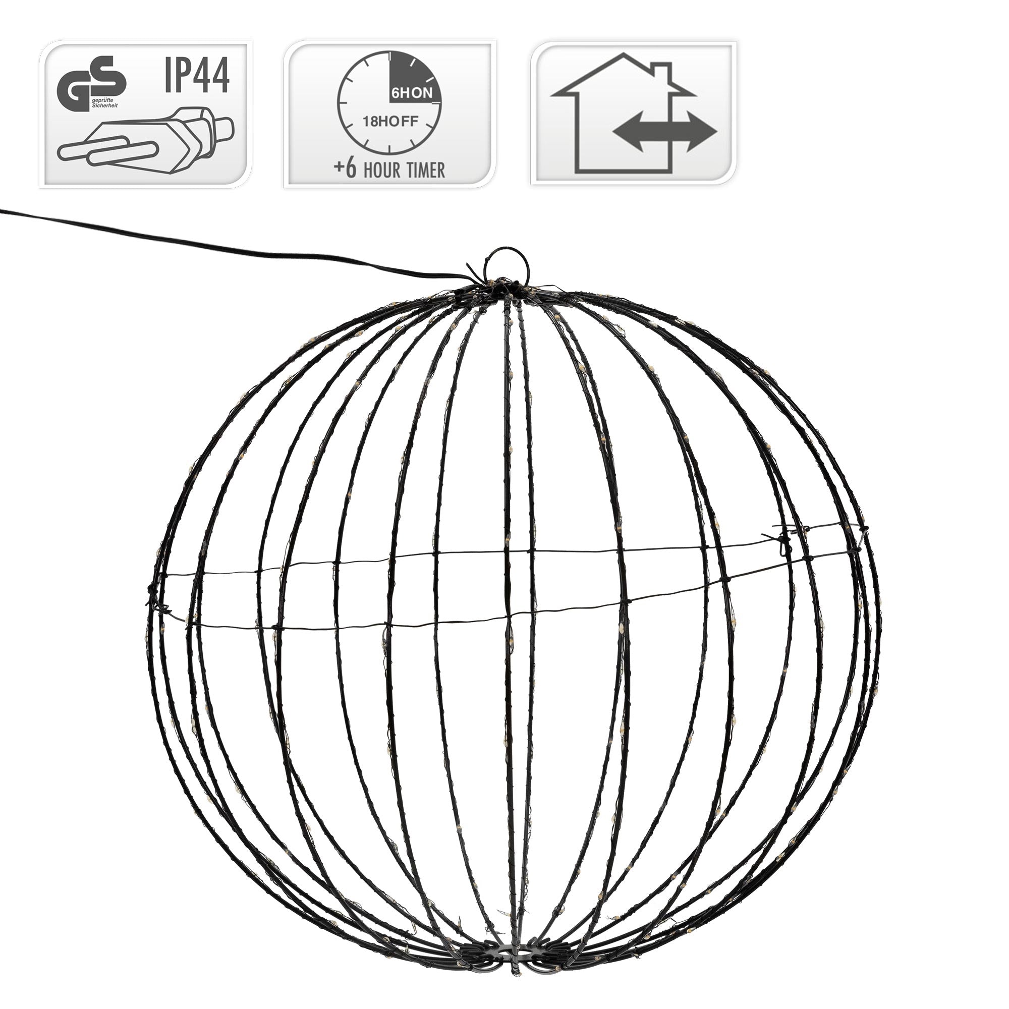 Wire frame in spherical shape, unlit, with suspension.