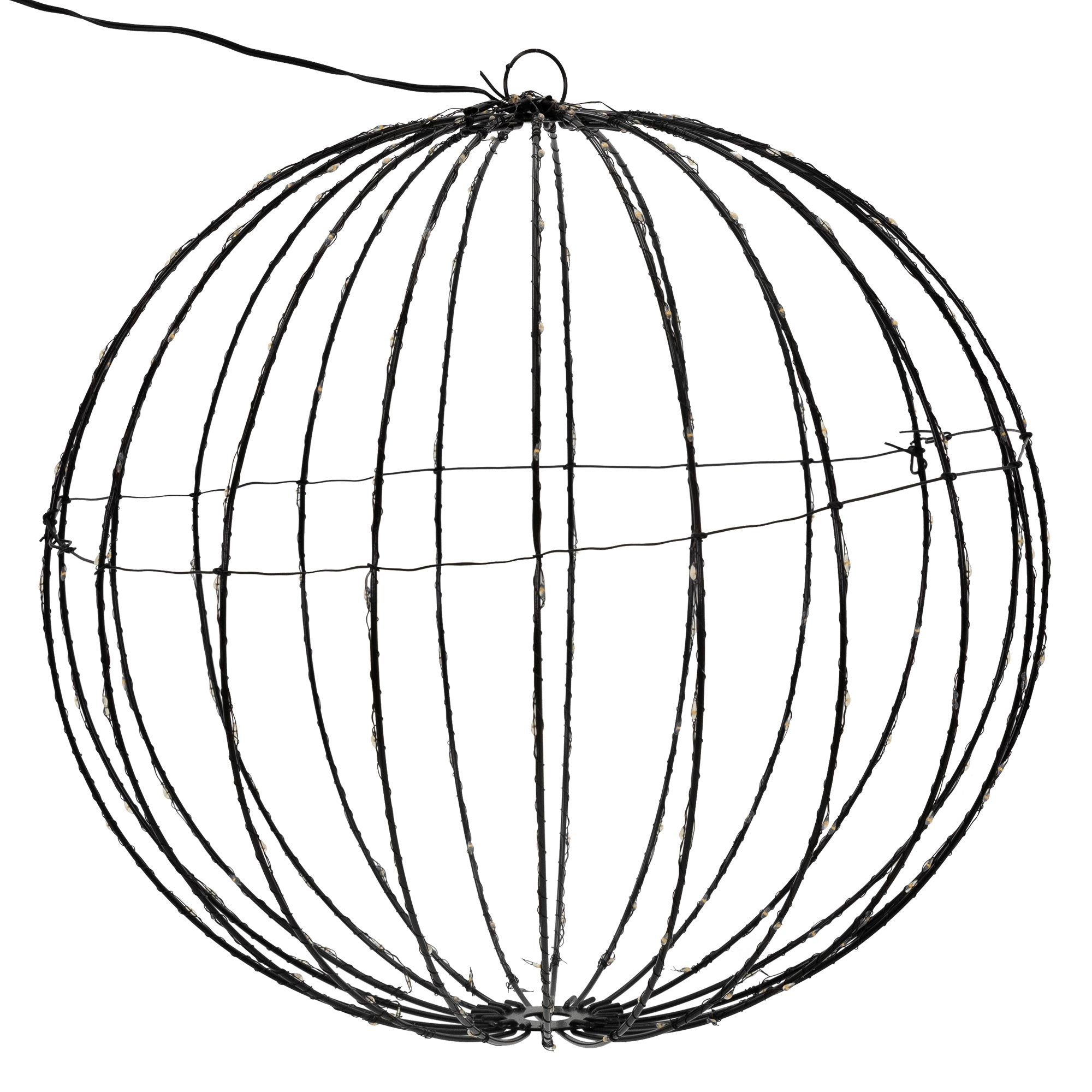 Wire frame in spherical shape, black, with vertical and horizontal wires.