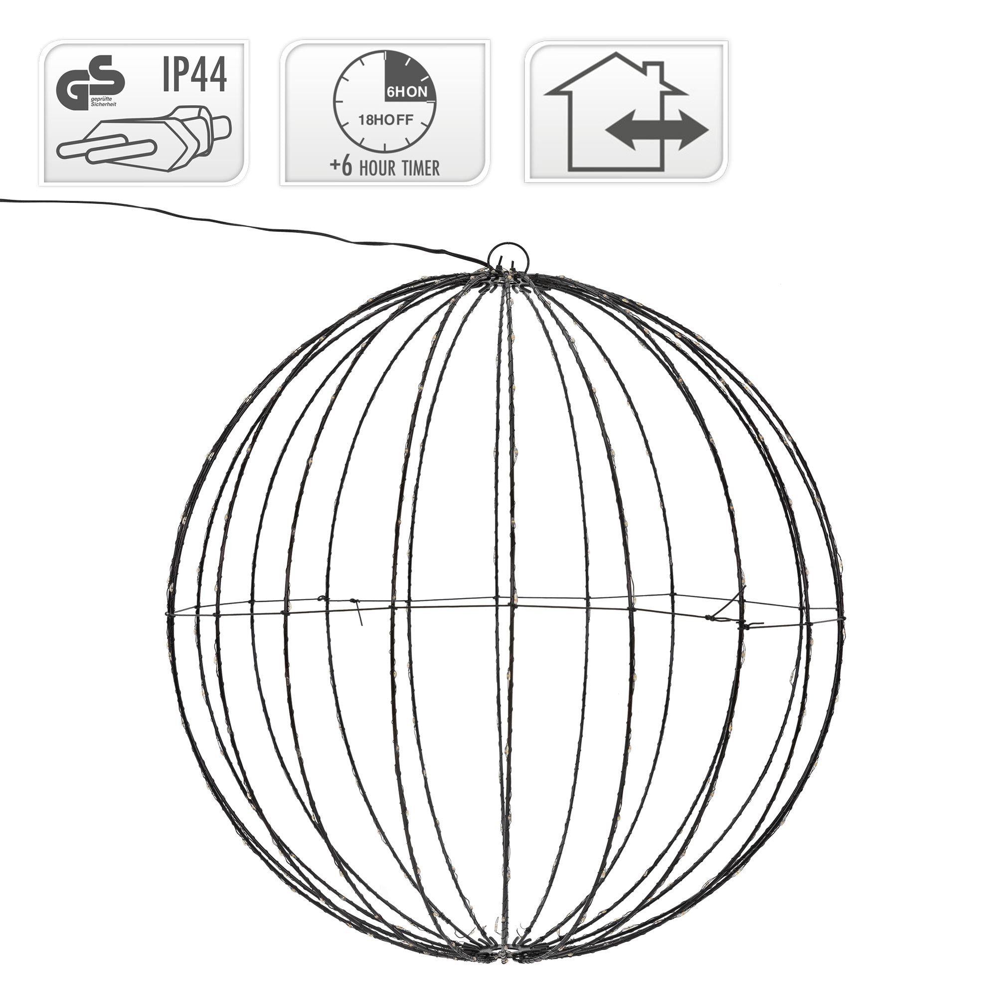 Technical drawing of a round light sphere with dimensions and timer details.