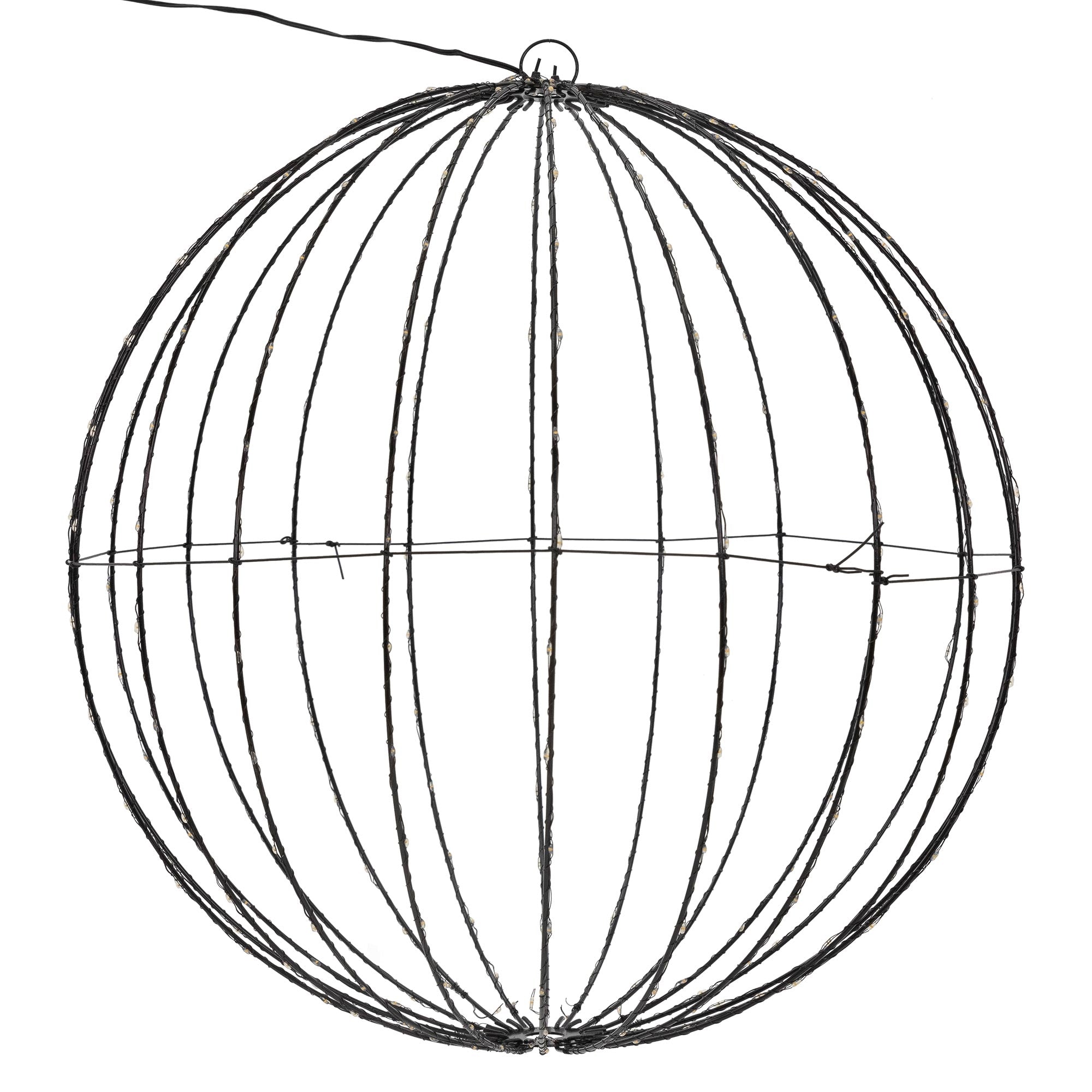 Wire frame in spherical shape, with vertical struts and a suspension.
