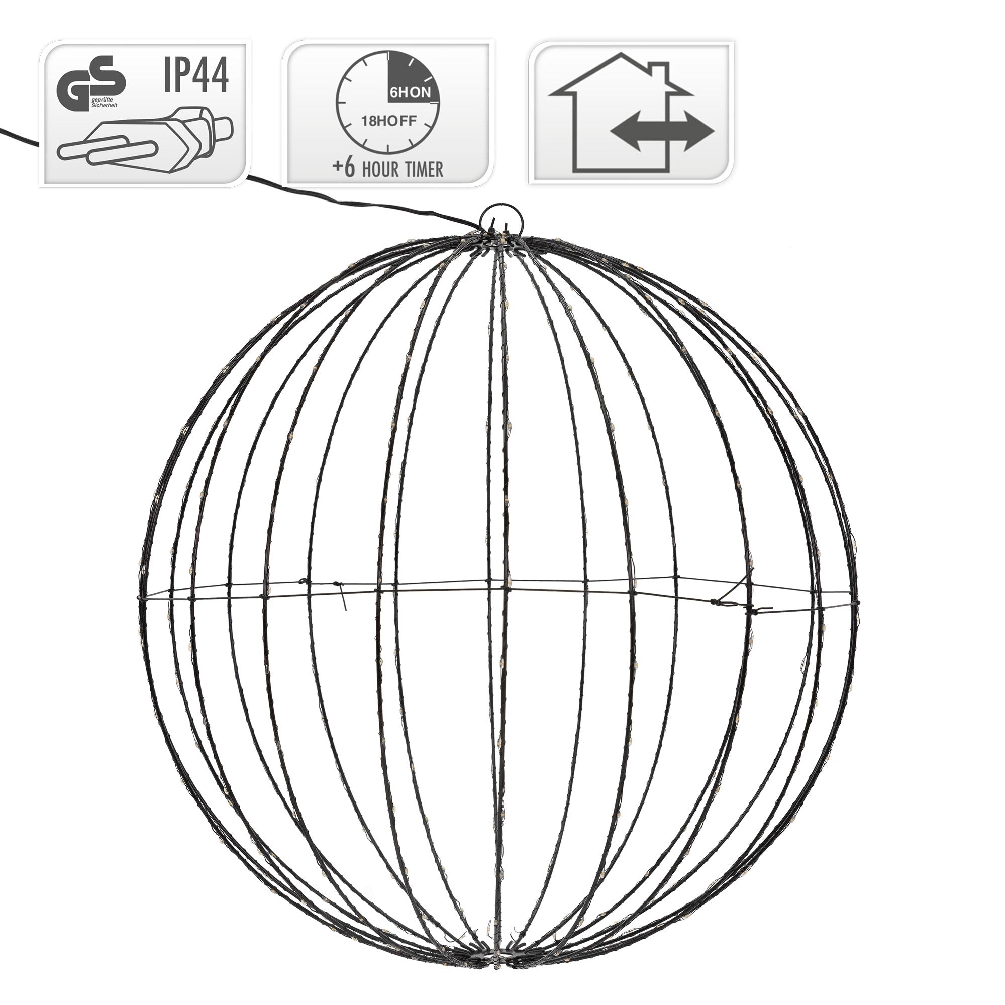 Dessin technique d'une boule lumineuse ronde avec dimensions et détails du minuteur.