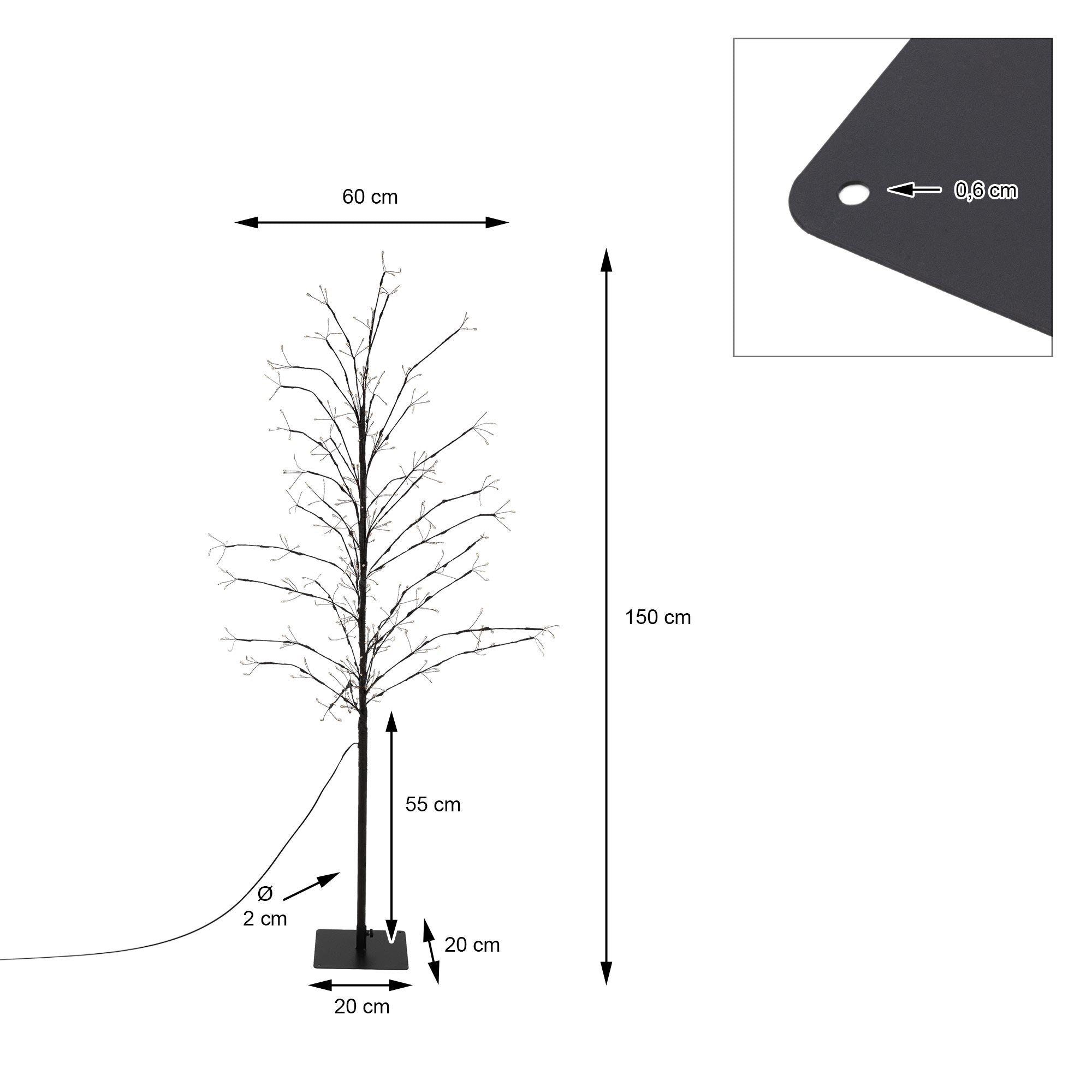 Technische Zeichnung eines künstlichen Baumes mit Maßen und Details.