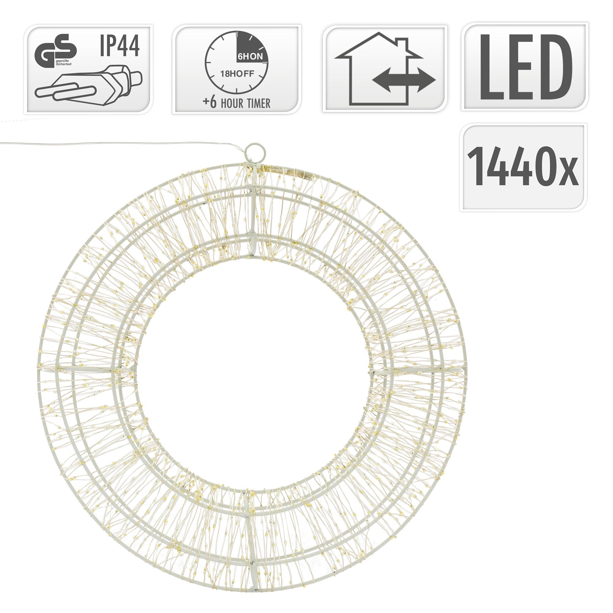 Runder LED-Kranz aus Draht mit technischen Symbolen und Maßen.