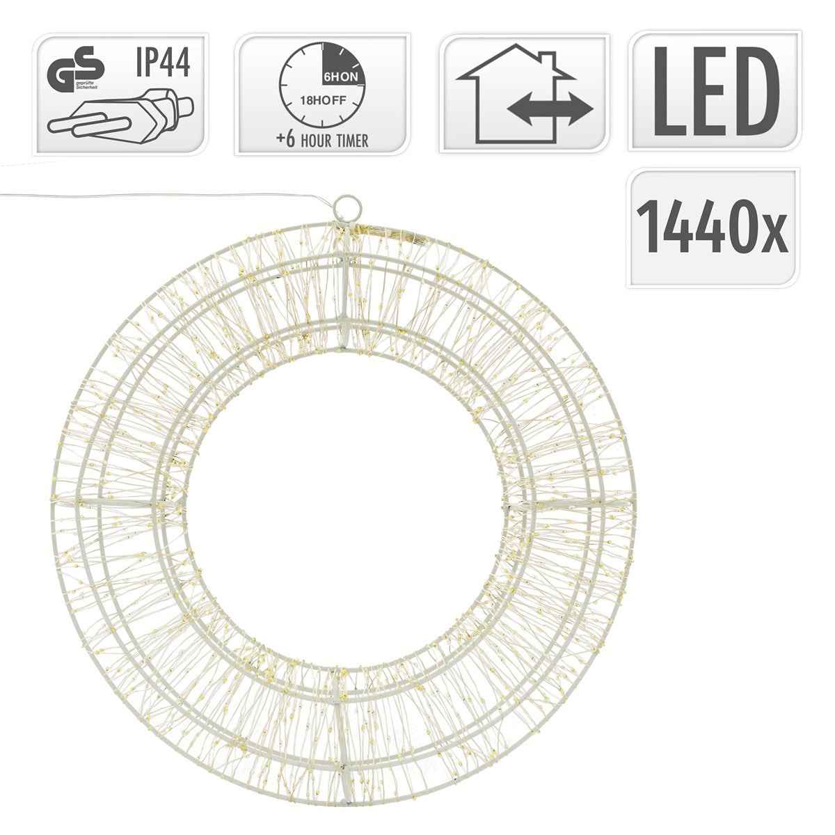 Runder LED-Kranz aus Draht mit technischen Symbolen und Maßen.