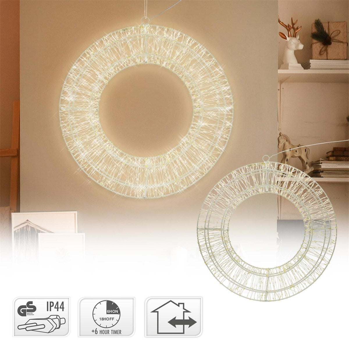 Hängende, runde Lichtdekoration mit leuchtenden Fäden vor einer Wand.