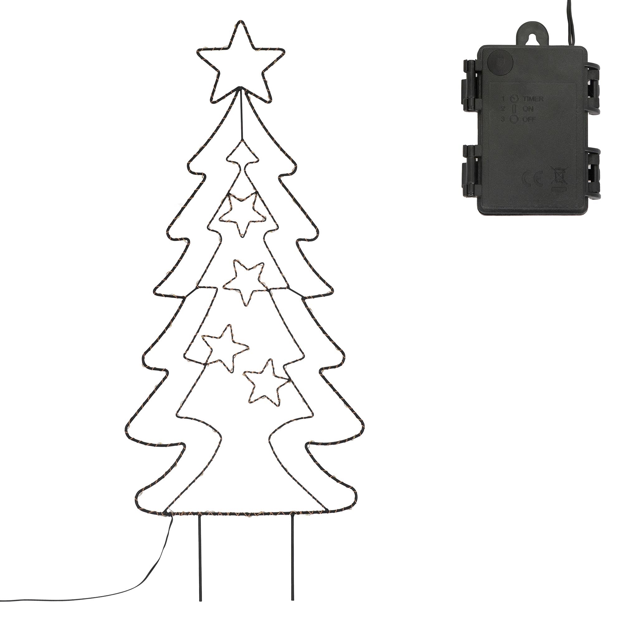 Ein schwarzer Weihnachtsbaum aus Draht mit Sternen und einer Batterieeinheit.