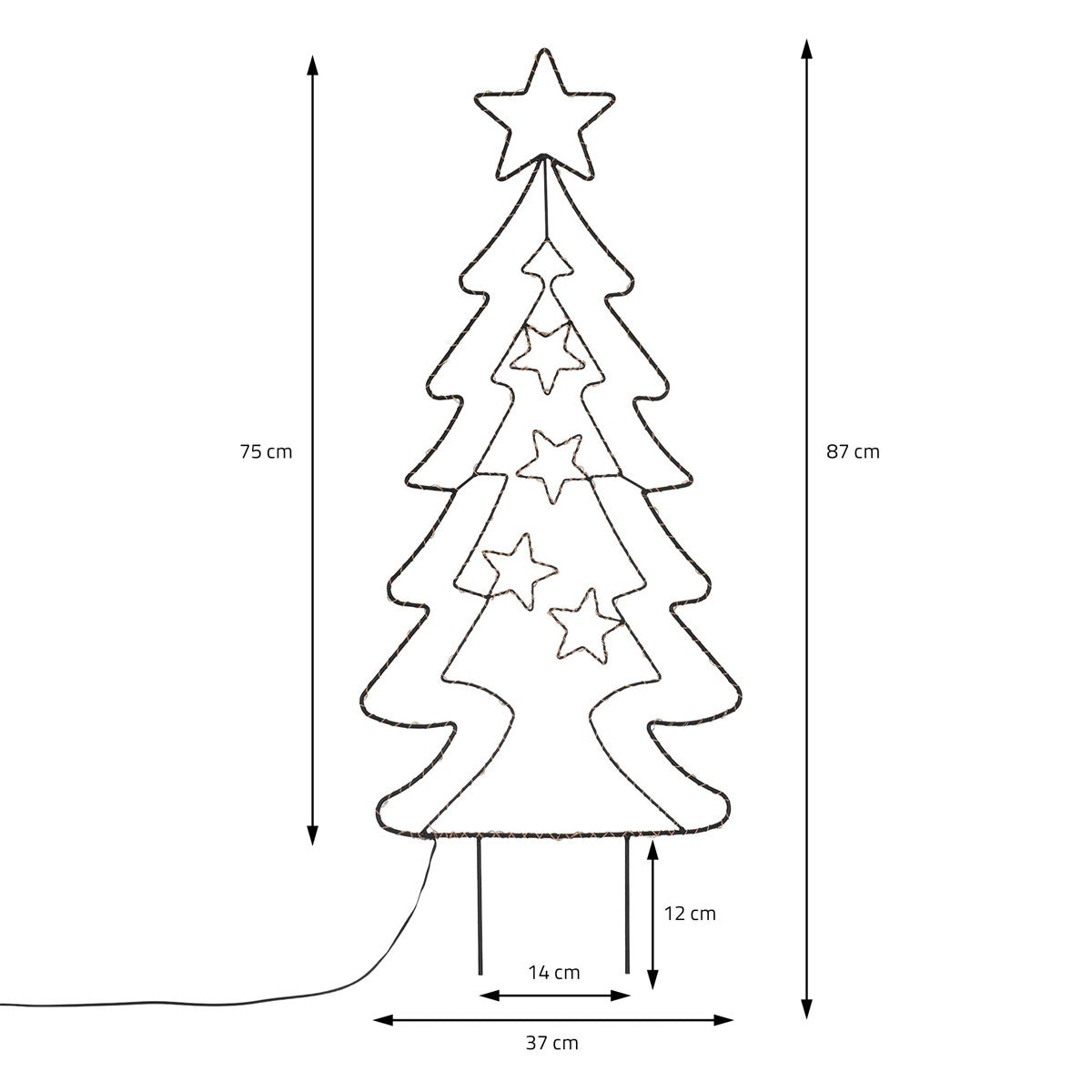 Maßzeichnung eines Weihnachtsbaums mit Stern und Lichtern.