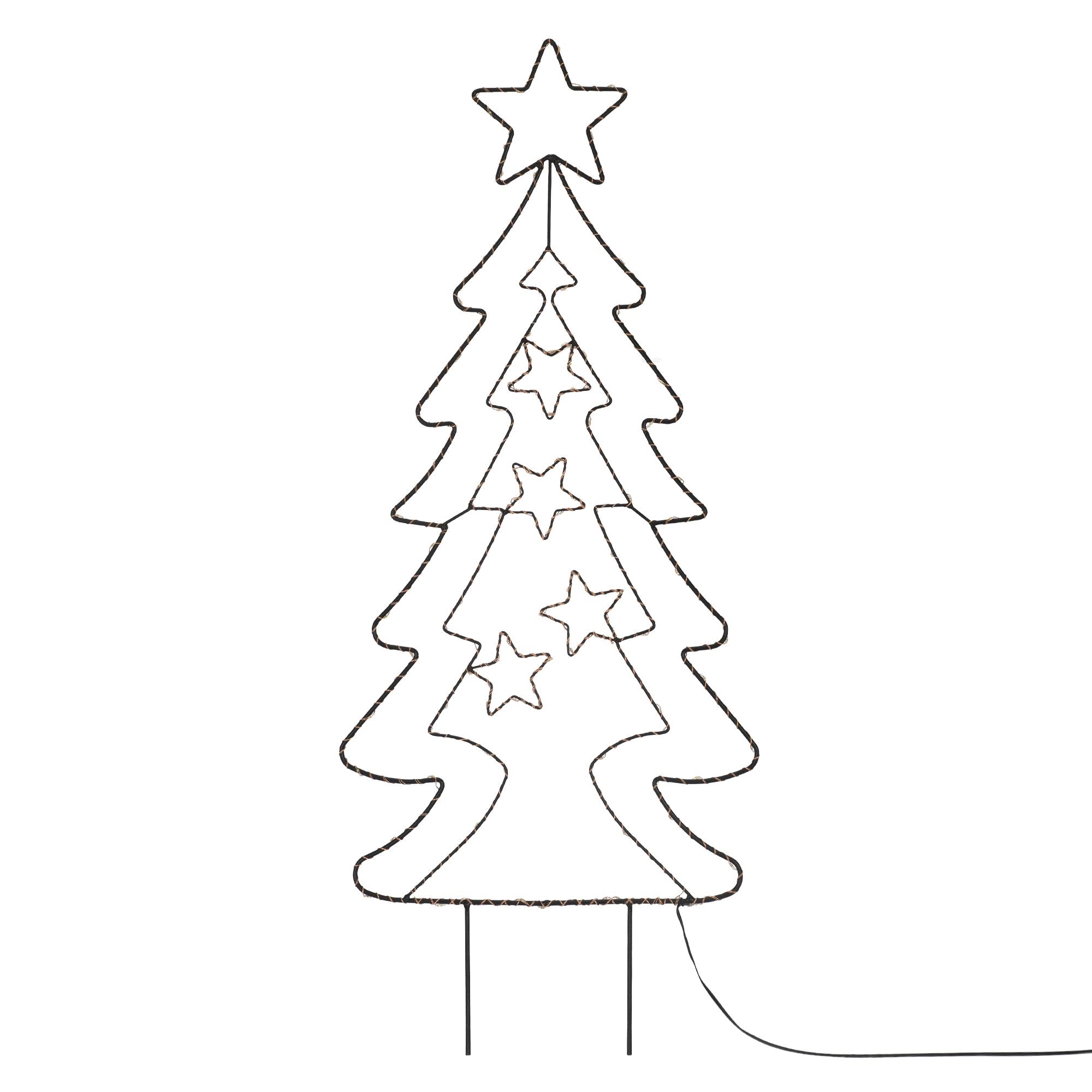 Weihnachtsbaum aus Draht mit Sternen und einer Spitze.