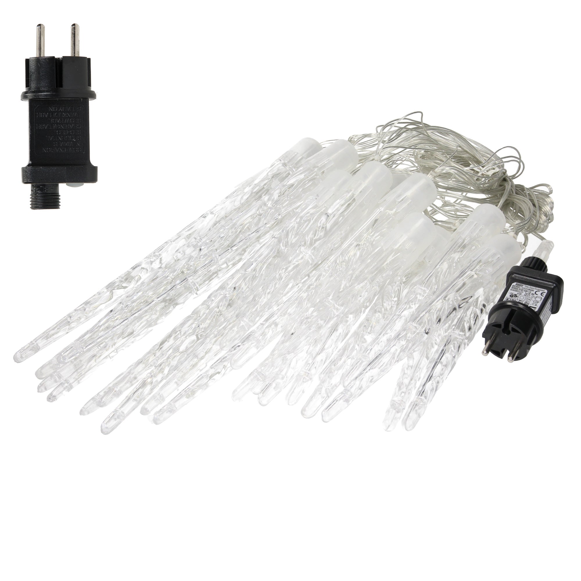Lichterkette mit transparenten Lichtern, Stecker und Anschluss sichtbar.