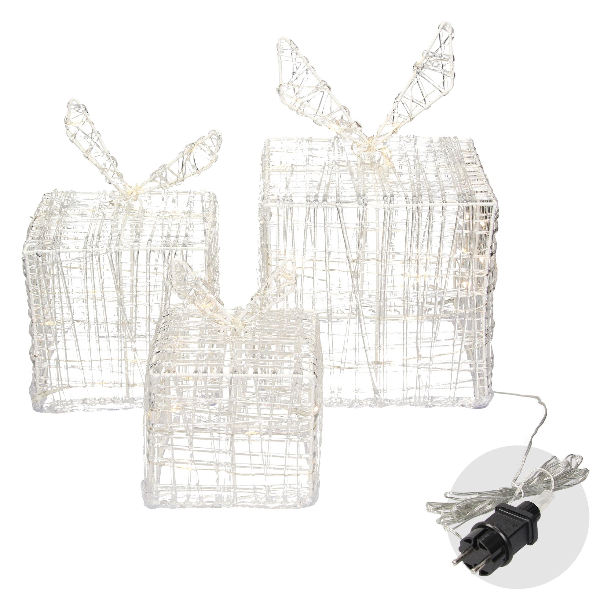 Three gift boxes made of wire with bows, a cable connection is visible.