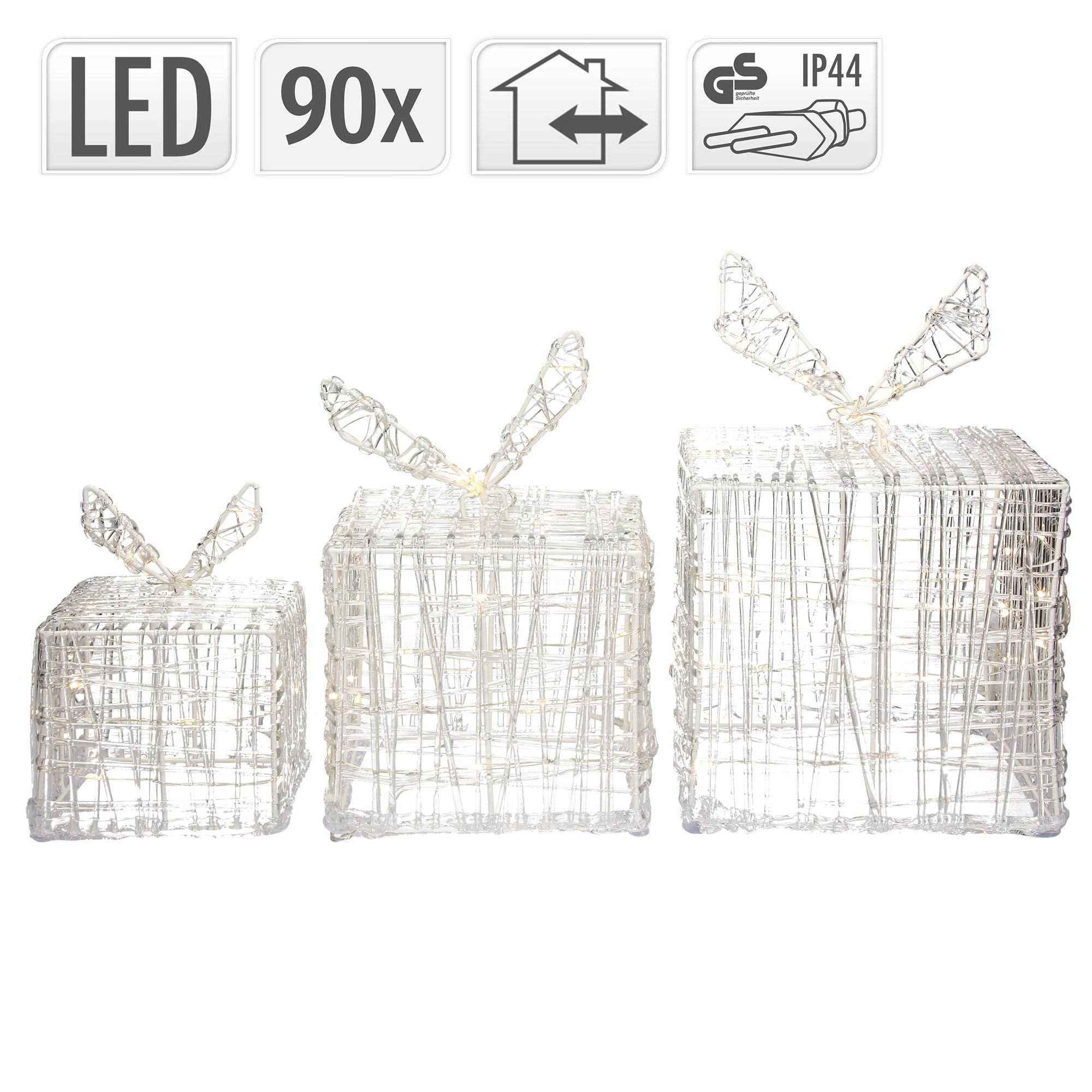 Three glowing gifts in different sizes on a white background.