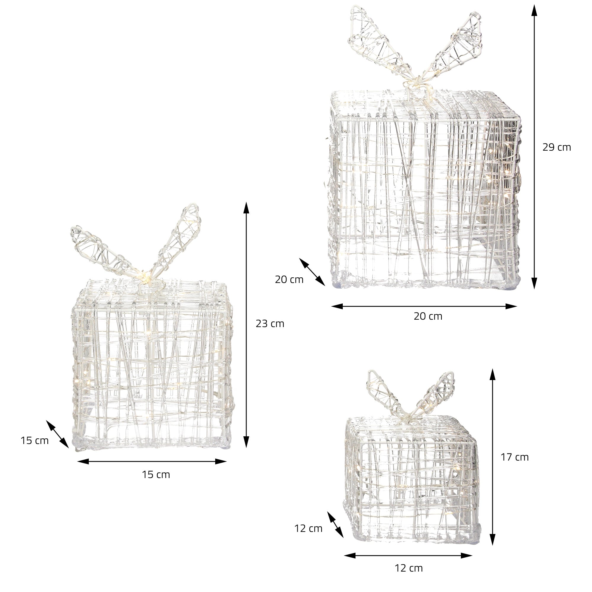 Three gift boxes made of wire in different sizes.