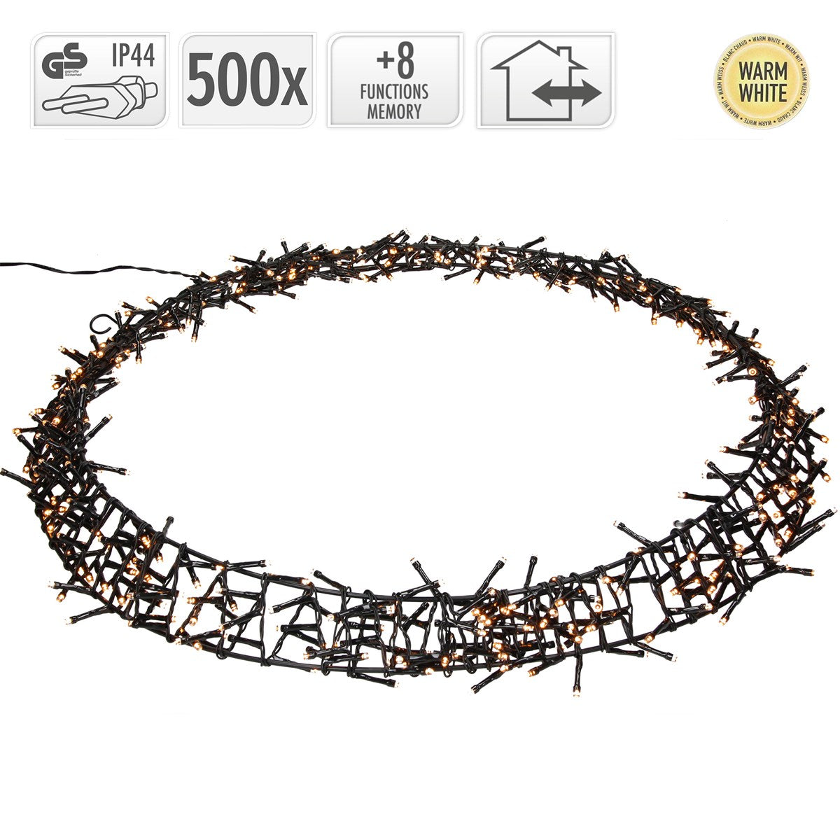 Dekorativer Kranz mit 500 LEDs, warmweiß, mehrere Funktionen.