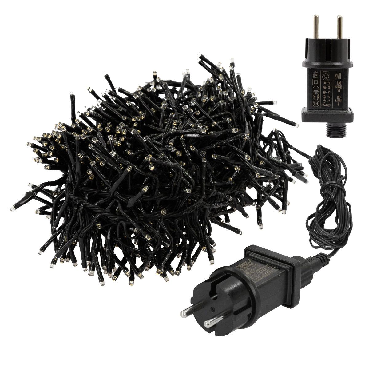 Schwarze Lichterkette mit Stecker und Kabeln.