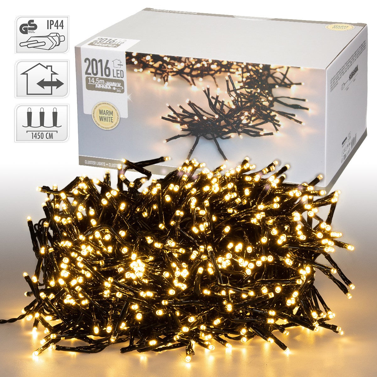 Ein Haufen von LED-Lichtern in warmweiß, verpackt in einer Box.