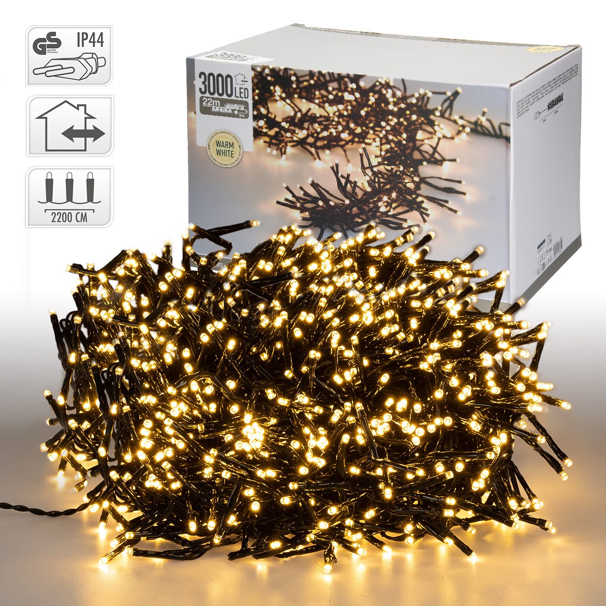 Eine Lichterkette mit warmweißen LEDs und Verpackung.
